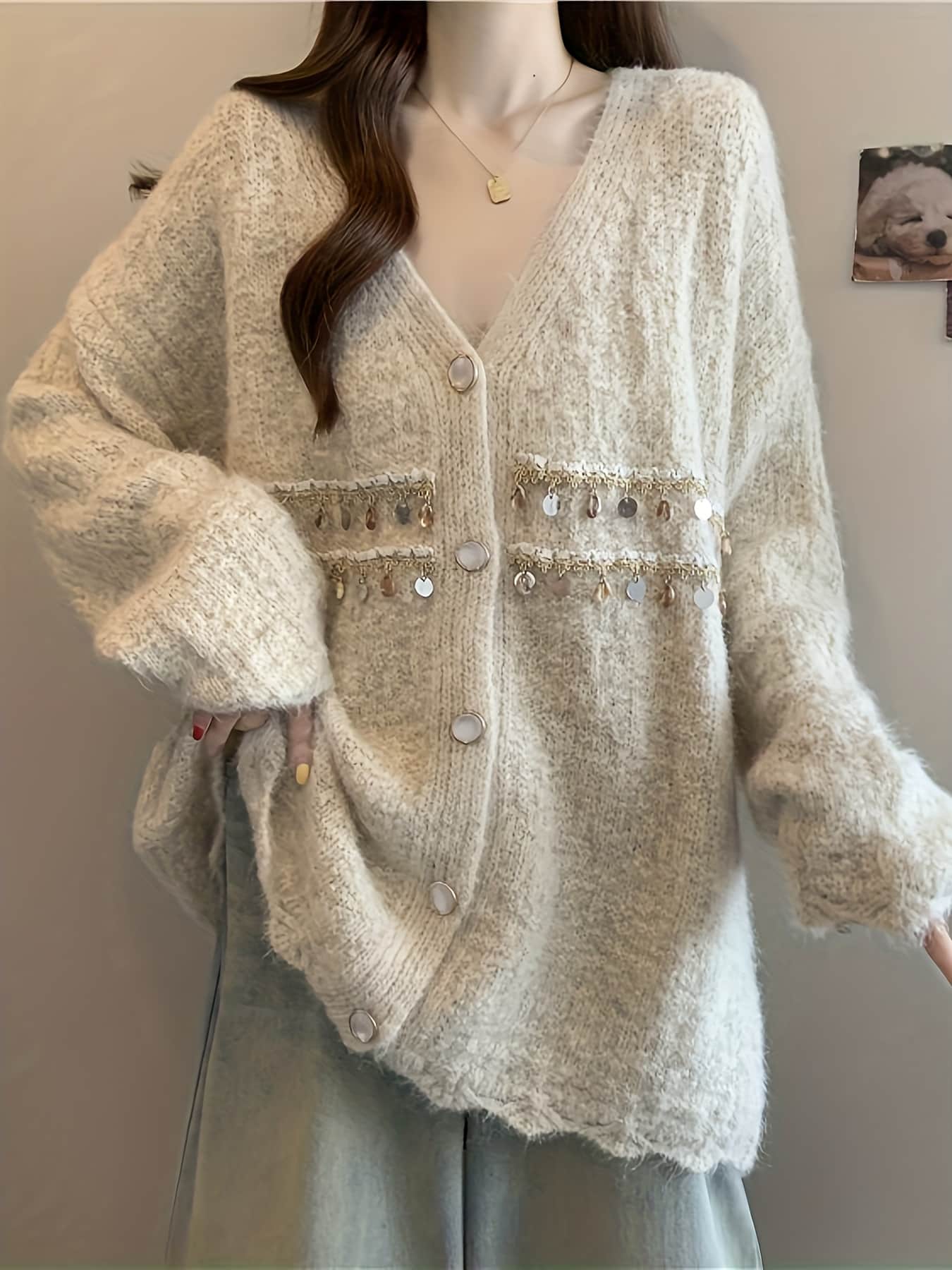 【全店30％OFF引き換え証】【スパンコール輝く】ジレー レディース 編み物 羽織り Vのど首 スウェーター 長袖 トップス 前食い違い 名取り草 ニットカーデ ゆったり 厚地の外套大きさ 体型押しかぶせる 二の腕押しかぶせる 着痩せ 割れ易い押し出し 気が大きい大きさ たわい無い ビ