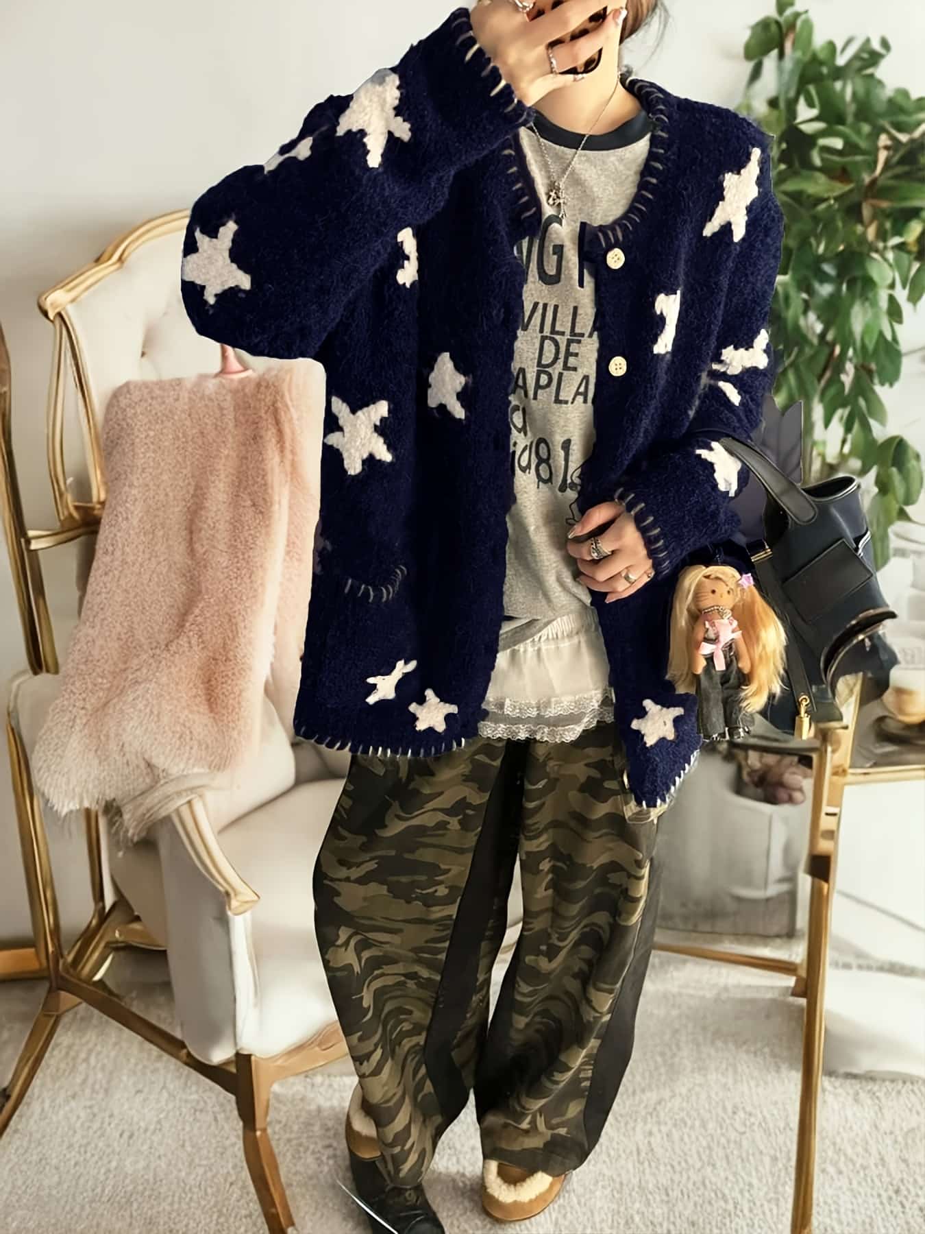 【全店30％OFF引き換え証】【星柄編み目】ジレー レディース 編み物 星柄 はやりっ児 朦々たる トップス 羽織り 前食い違い 名取り草 労働者の一団のど首 丸首 厚地の外套大きさ ゆったり 体型押しかぶせる 着痩せ 長袖 生あたたかい もこもこ シャギーニット スウェーター カ