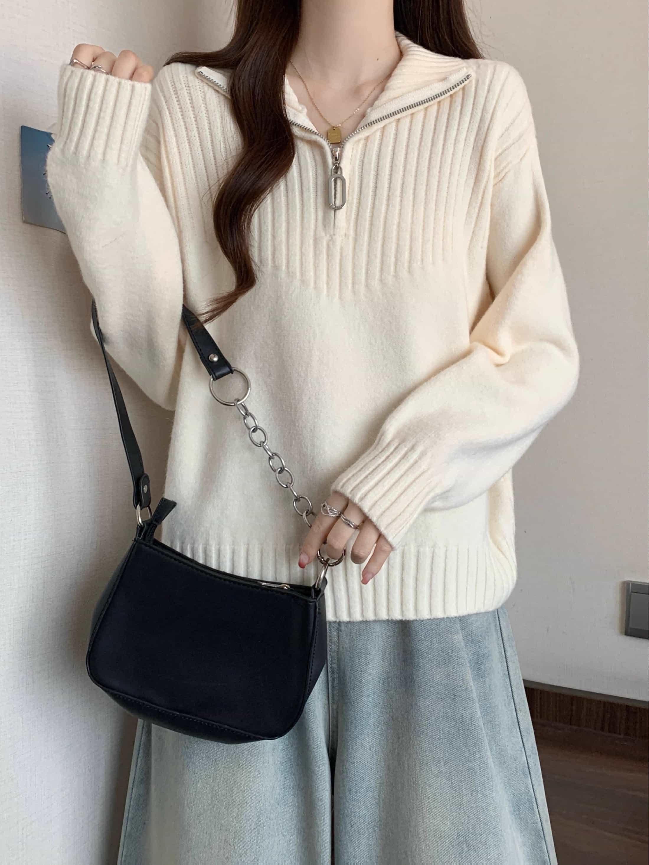 【全店30％OFF引き換え証】【ハーフジップ】 編み物 スウェーター レディース トップス ハーフジップニット ハイネック 襟付き添い人 リブニット 縦肋材 ティーシャツ 長袖 ざっくり編み物 厚地の外套大きさ ゆったり 体型押しかぶせる 二の腕押しかぶせる 割れ易い押し出し 着痩せ