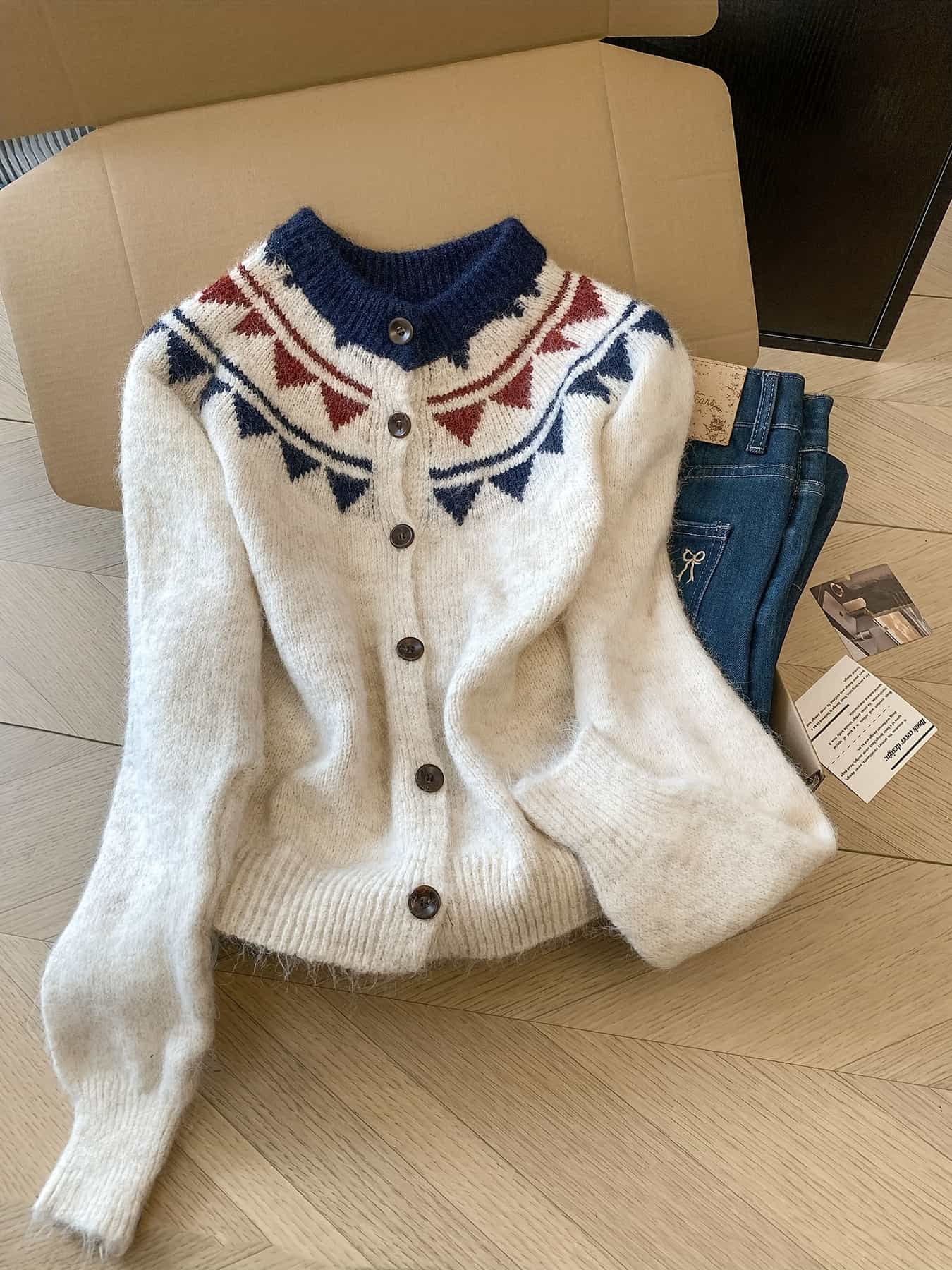 【全店30％OFF引き換え証】【ノース柄】 ジレー レディース 編み物 スウェーター 羽織り トップス 前食い違い 名取り草 労働者の一団のど首 丸首 長袖 ニットカーデ 求心柄 フェアアイル柄 モヘヤ触れ合う ふわふわ もこもこ シャギー 朦々たる 生あたたかい 体