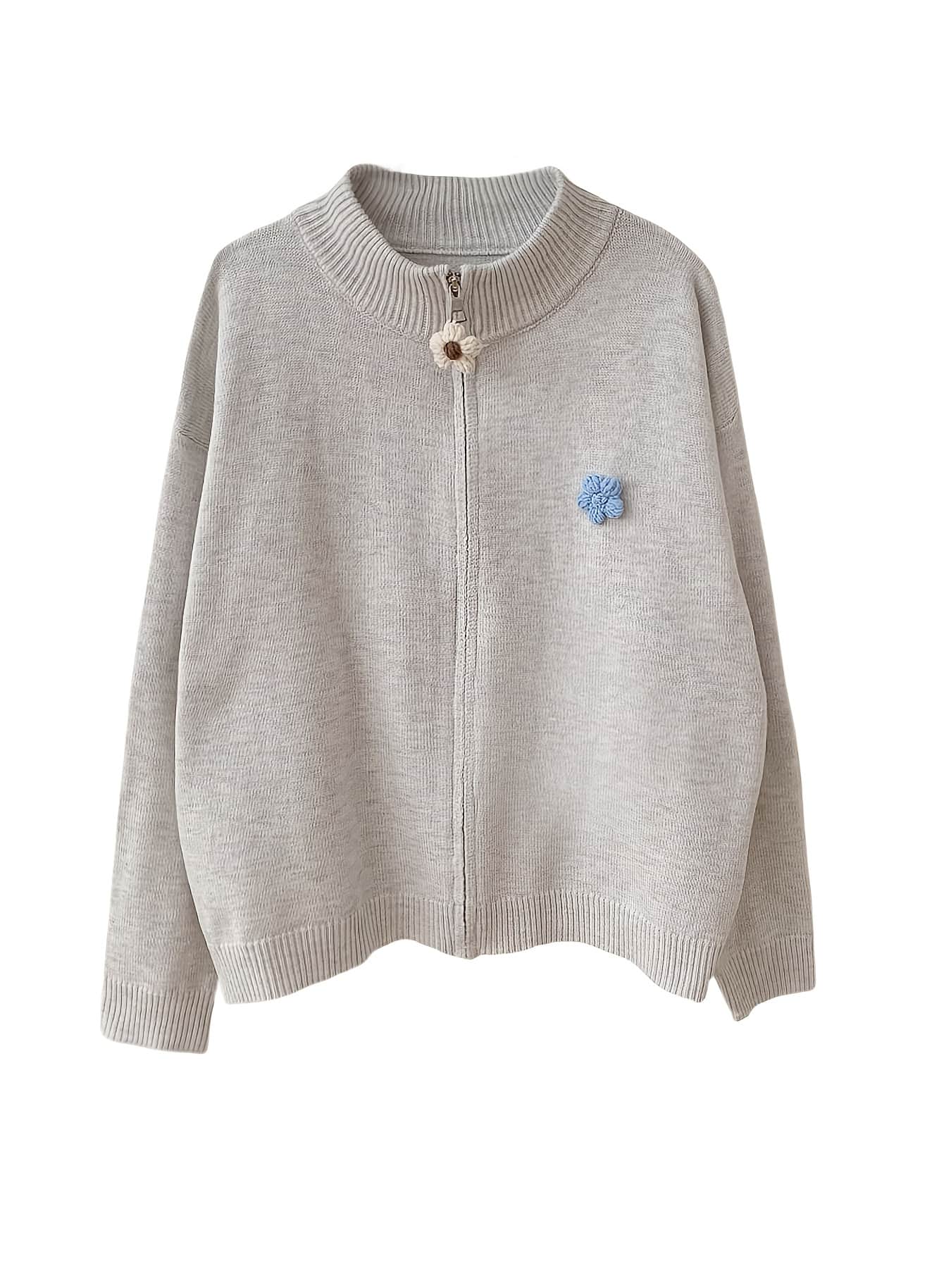 【全店30％OFF引き換え証】【花主題】編み物 ジレー ジップアップ レディース スウェーター 上衣 アウター ハイネック ボトルネック トップス 長袖 羽織り 立ち襟 フルジップ 厚地の外套大きさ ゆったり 体型押しかぶせる 気が大きい大きさ もっち