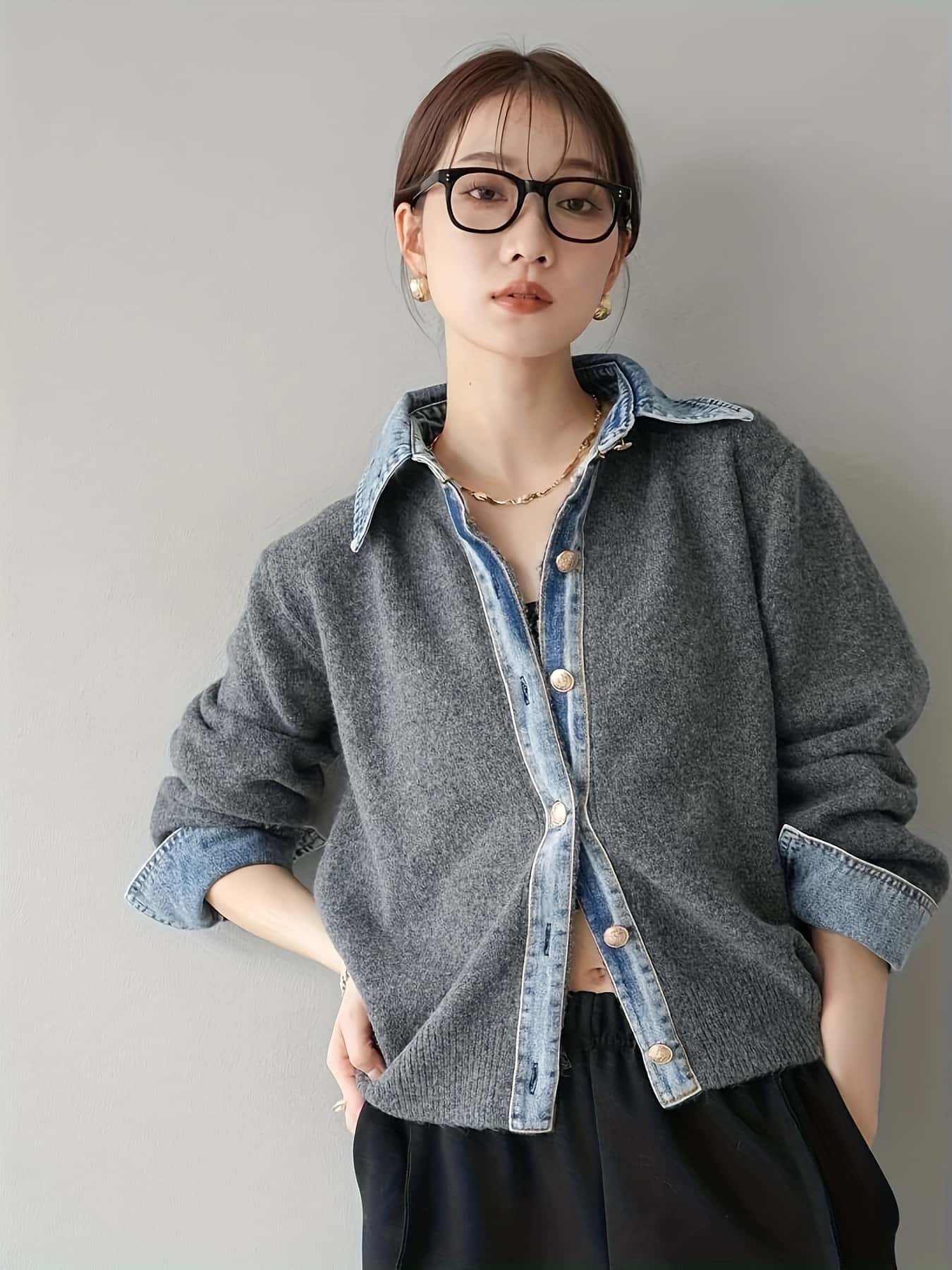 【全店30％OFF引き換え証】【花の冠yd風】ジーンズ うつり変わり 編み物 ジレー レディース 襟付き添い人 重ね着風 トップス 上衣 前食い違い 金名取り草 スウェーター 羽織り 軽アウター 長袖 異原料品 縛 無地 ゆったり 体型押しかぶせる 着痩せ 割れ易い