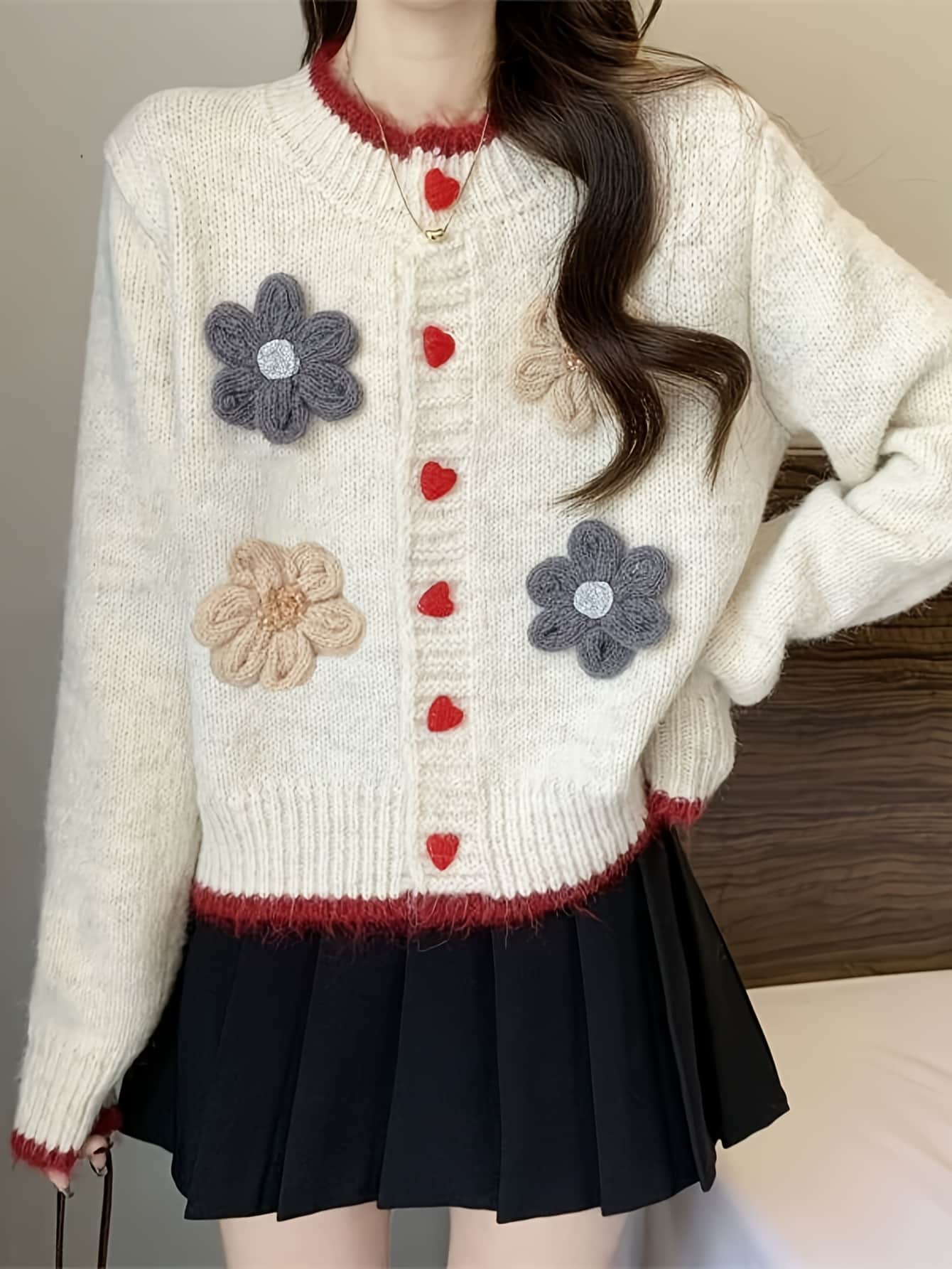 【全店30％OFF引き換え証】【立体御花】 ジレー レディース 編み物 スウェーター ハート型名取り草 色彩設計 労働者の一団のど首 長袖 羽織り トップス 春 秋 冬 成年者好いたらしい レトロ 主題 心地よい パステル色の 体型押しかぶせる 二の腕押しかぶせる ゆったり 着