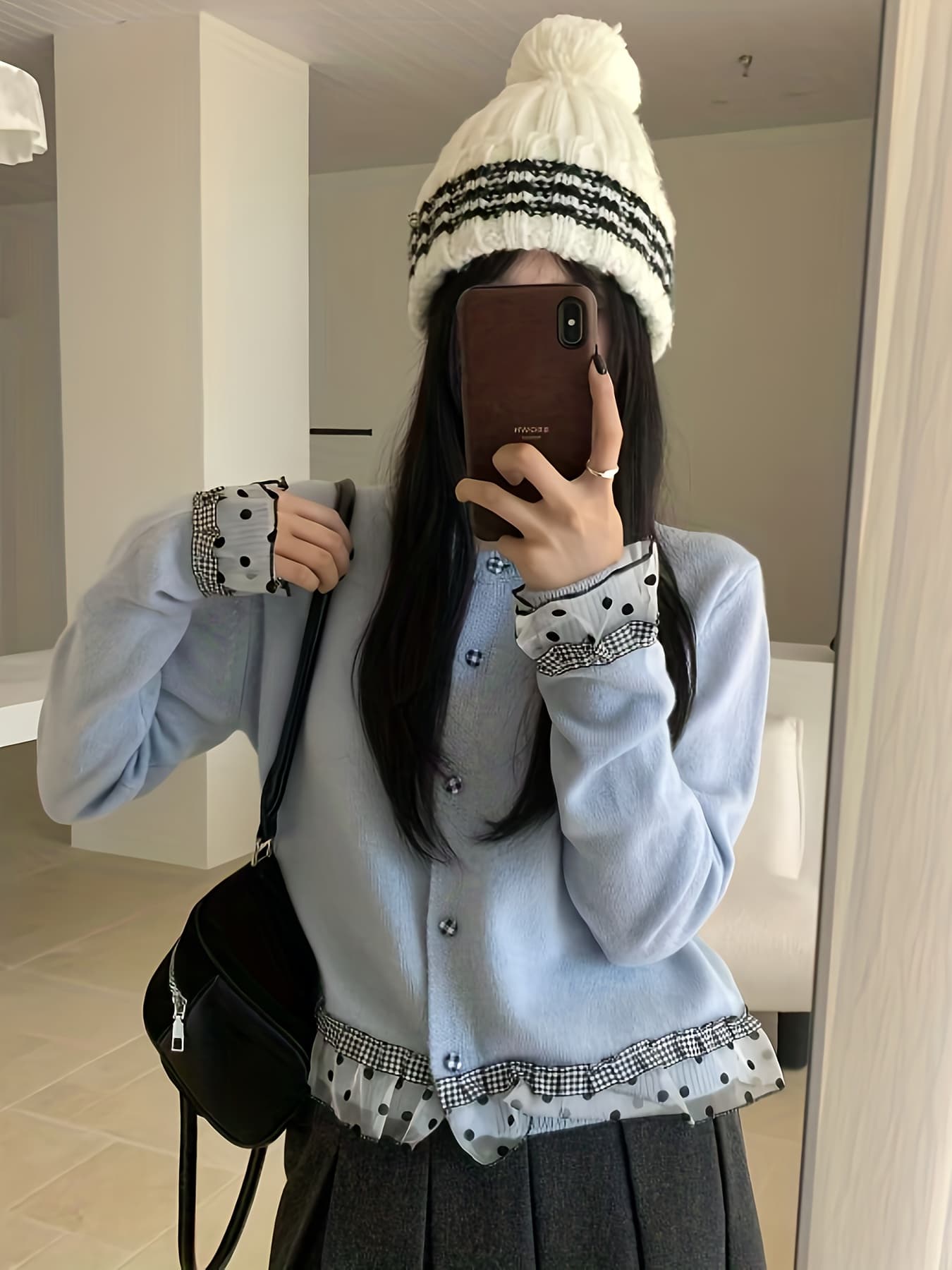 【全店30％OFF引き換え証】【点点×読み合わせる】 ジレー レディース 編み物 トップス 羽織り うつり変わり フラウンス 重ね着風 花の冠yd風 労働者の一団のど首 丸首 長袖 前食い違い スピード競技 点点柄 ギンガム読み合わせる 水玉 韓国 秋 冬 秋冬 成年者好いたらしい