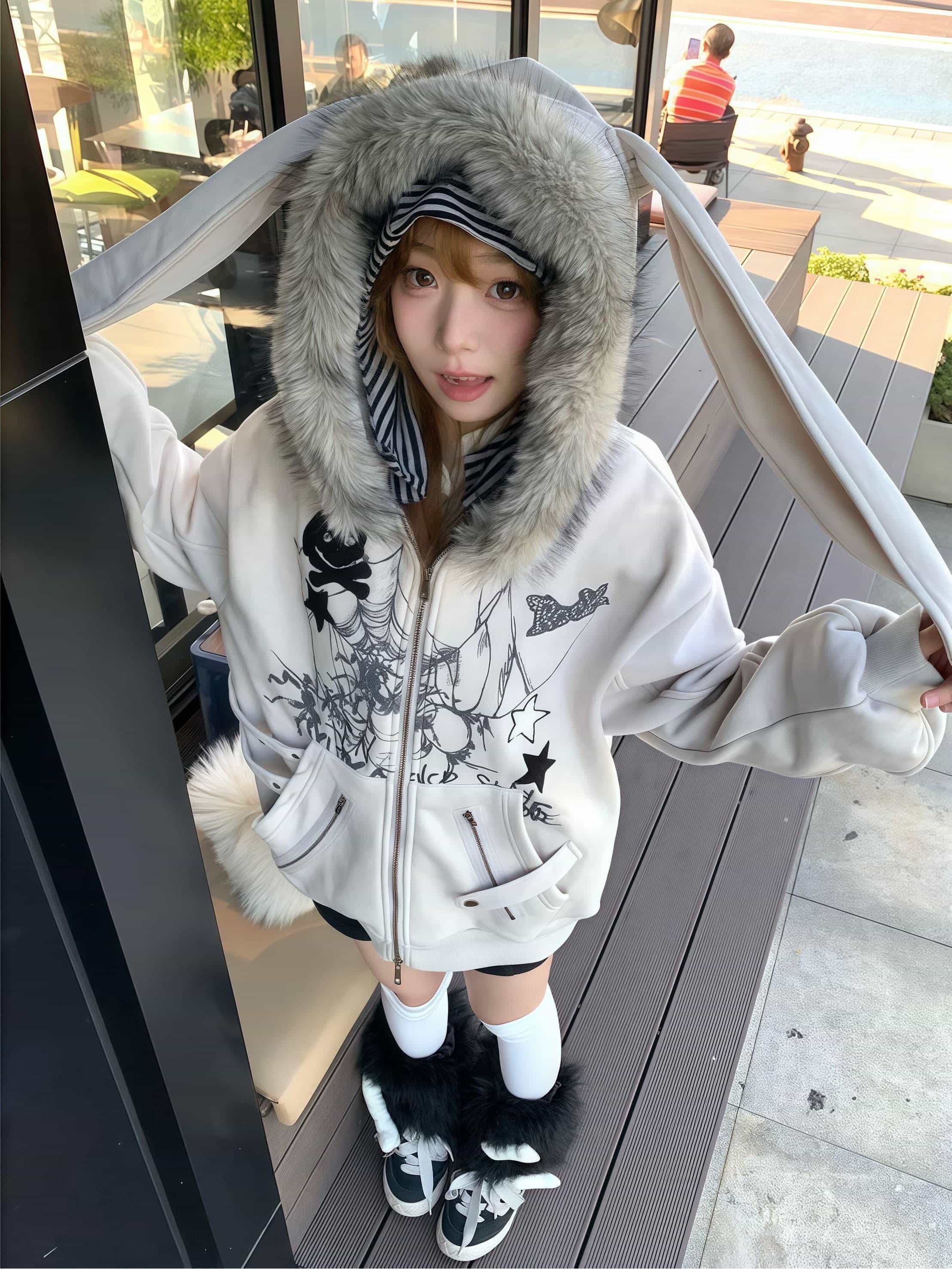 【全店通用25％OFFクーポン】【うさ耳&times;ファー】パーカー レディース ジップアップ y2k 地雷系 サブカル系 厚手 フード付き アウター スウェット ビッグシルエット オーバーサイズ トップス 長袖 兎 耳付き ボア フ｜大森麗萱