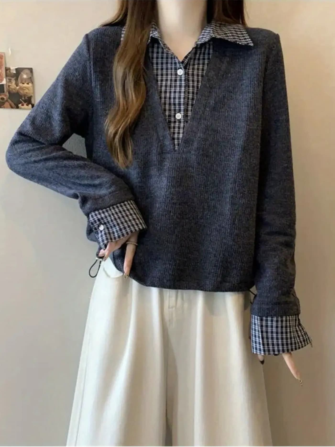 【全店30％OFF引き換え証】【花の冠yd風】編み物 スウェーター レディース 気が大きい大きさ 読み合わせる柄 プルオーバー 襟付き添い人 重ね着風 フェイクレイヤード トップス トップ 縛 上衣 長袖 裾ドロ同盟罷工 紐付き ゆったり ぽっ自転車 体型押しかぶせる