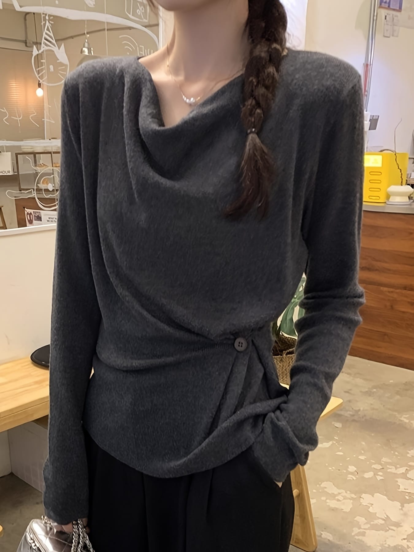 【全店30％OFF引き換え証】【ドレープネック】カットソーレディーストップス長袖ウエストマークアシンメトリー好いたらしいめ成年者好いたらしいニットソープルオーバーチュニックギャザーシャーリングボタン無地体型押しかぶせる着痩せ細押し出し30代40代50代執務室通い秋冬春おしゃ