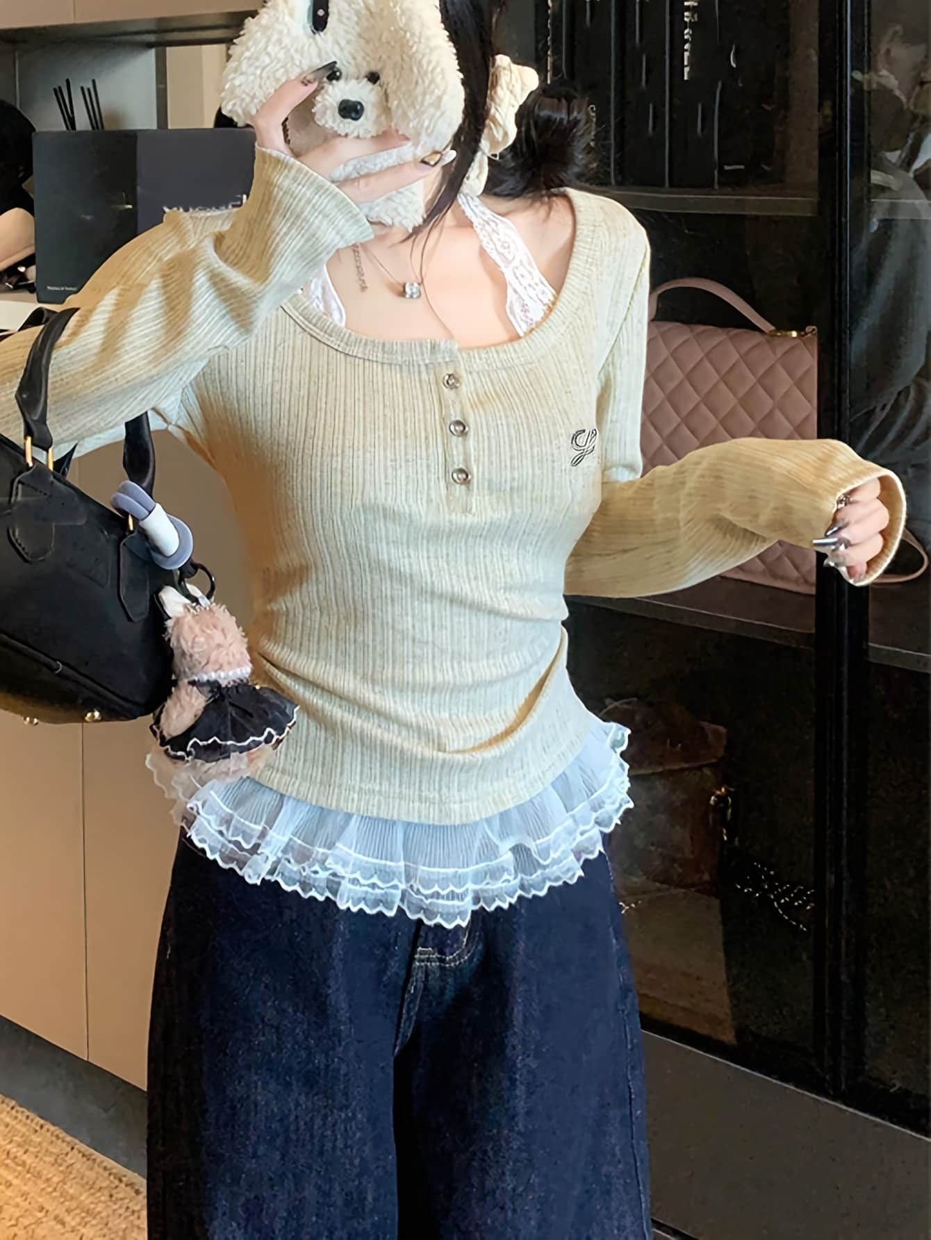 【全店30％OFF引き換え証】【花の冠yd風】 プルオーバー レディース 長袖 スピード競技 フラウンス 重ね着風 カットソー トップス ロンT 肌付き 肋材 ヘンリーのど首 ホルターネック きつい か細い 着痩せ 細押し出し 割れ易い押し出し 好いたらしい 成年者好いたらしい 女子らしい