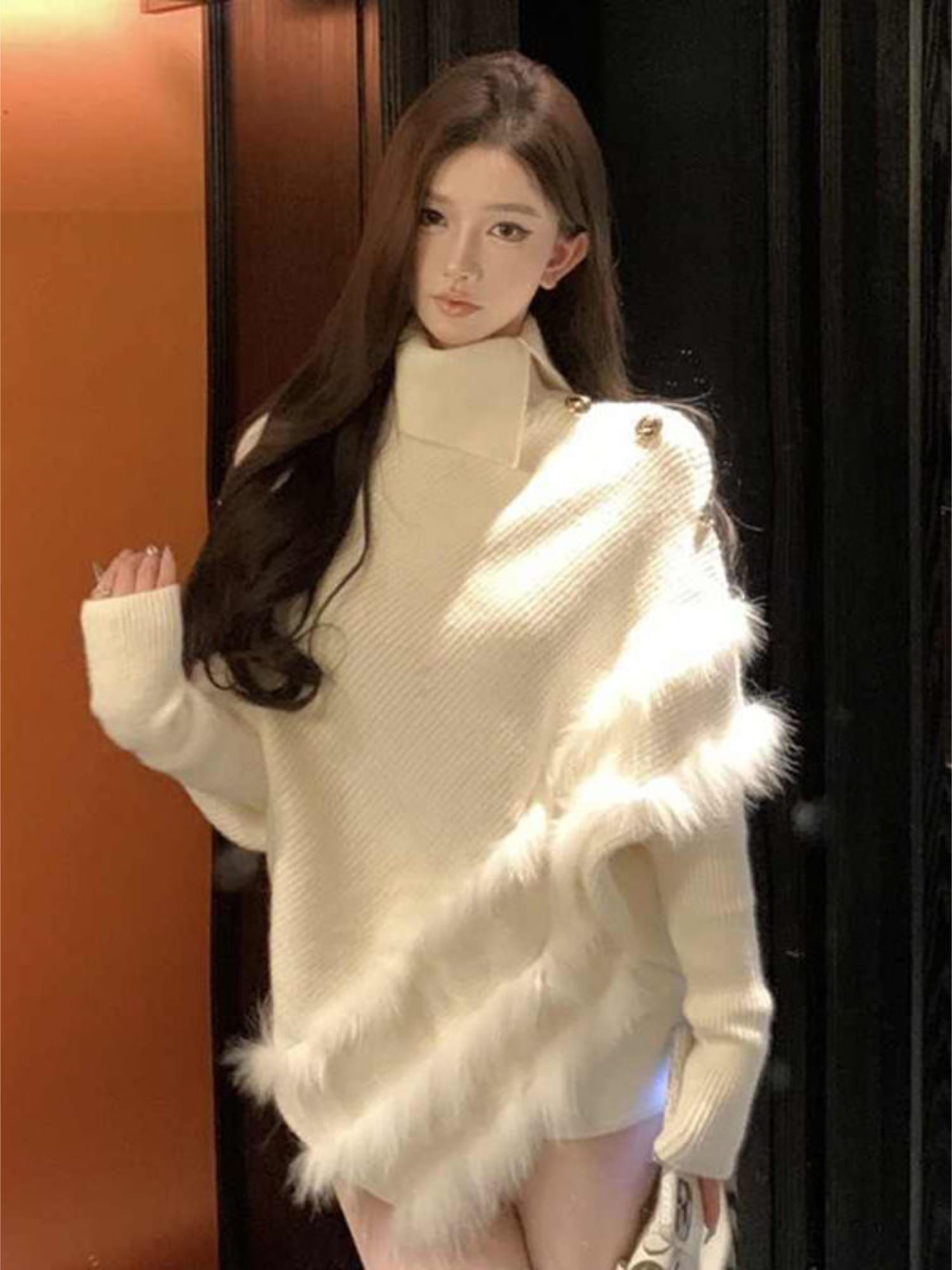 【全店30％OFF引き換え証】【毛皮付き添い人】 編み物 スウェーター レディース ハイネック タートルネック 金名取り草 フェイクファー うつり変わり ティーシャツ トップス 朦々たる 生あたたかい 長袖 音の大きさ袖 ゆったり 厚地の外套大きさ 体型押しかぶせる 着痩せ 細見え