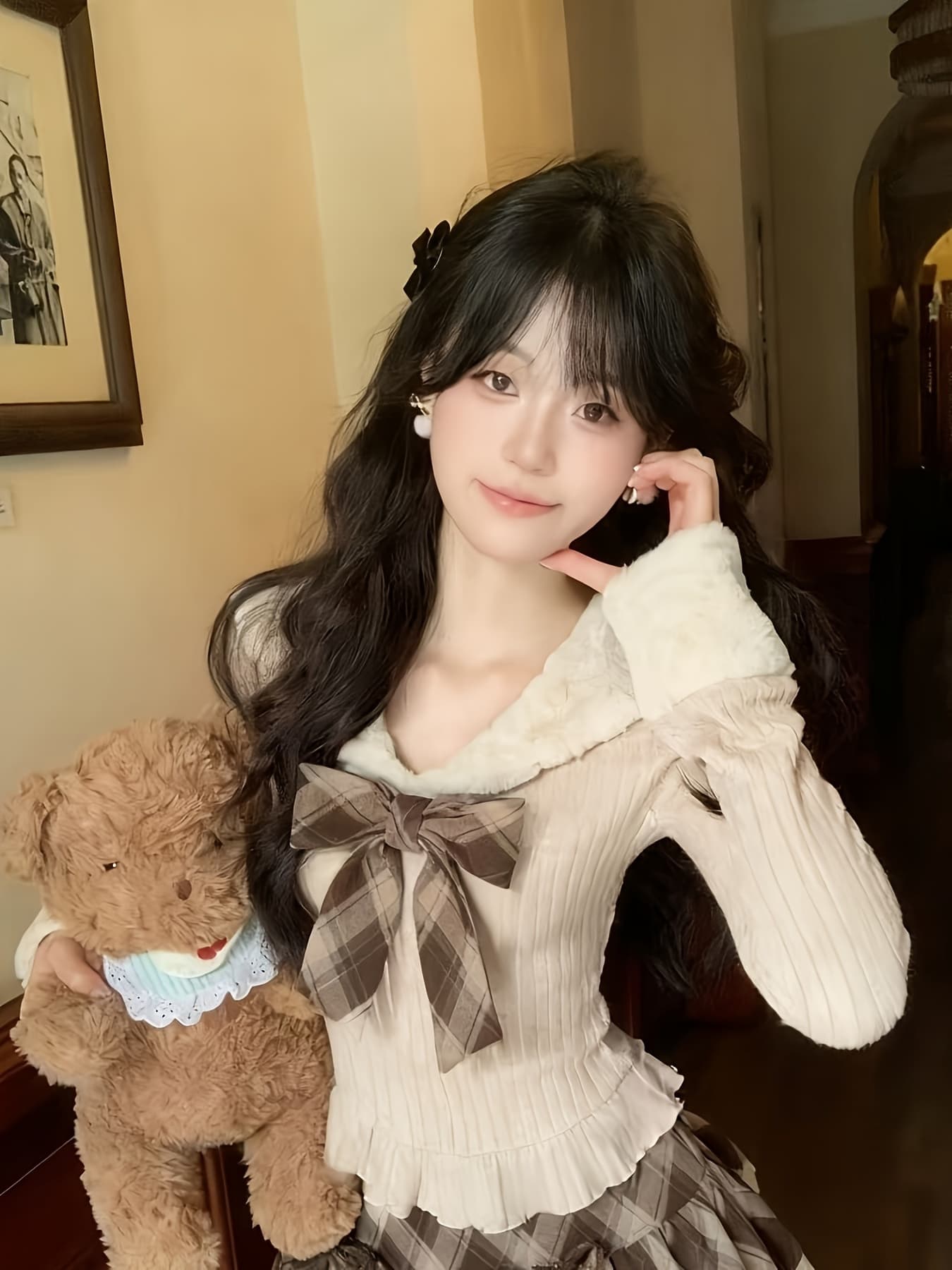 【全店30％OFF引き換え証】【ビッグシュロの葉】編み物 トップス レディース フェイクファー 襟付き添い人 異原料品 うつり変わり 読み合わせる柄 シュロの葉 スウェーター ティーシャツ 長袖 リブニット フラウンス ペプラム 仕掛地雷系 量産型 フレンチガーリー 成年者好いたらしい 甘め フェミ