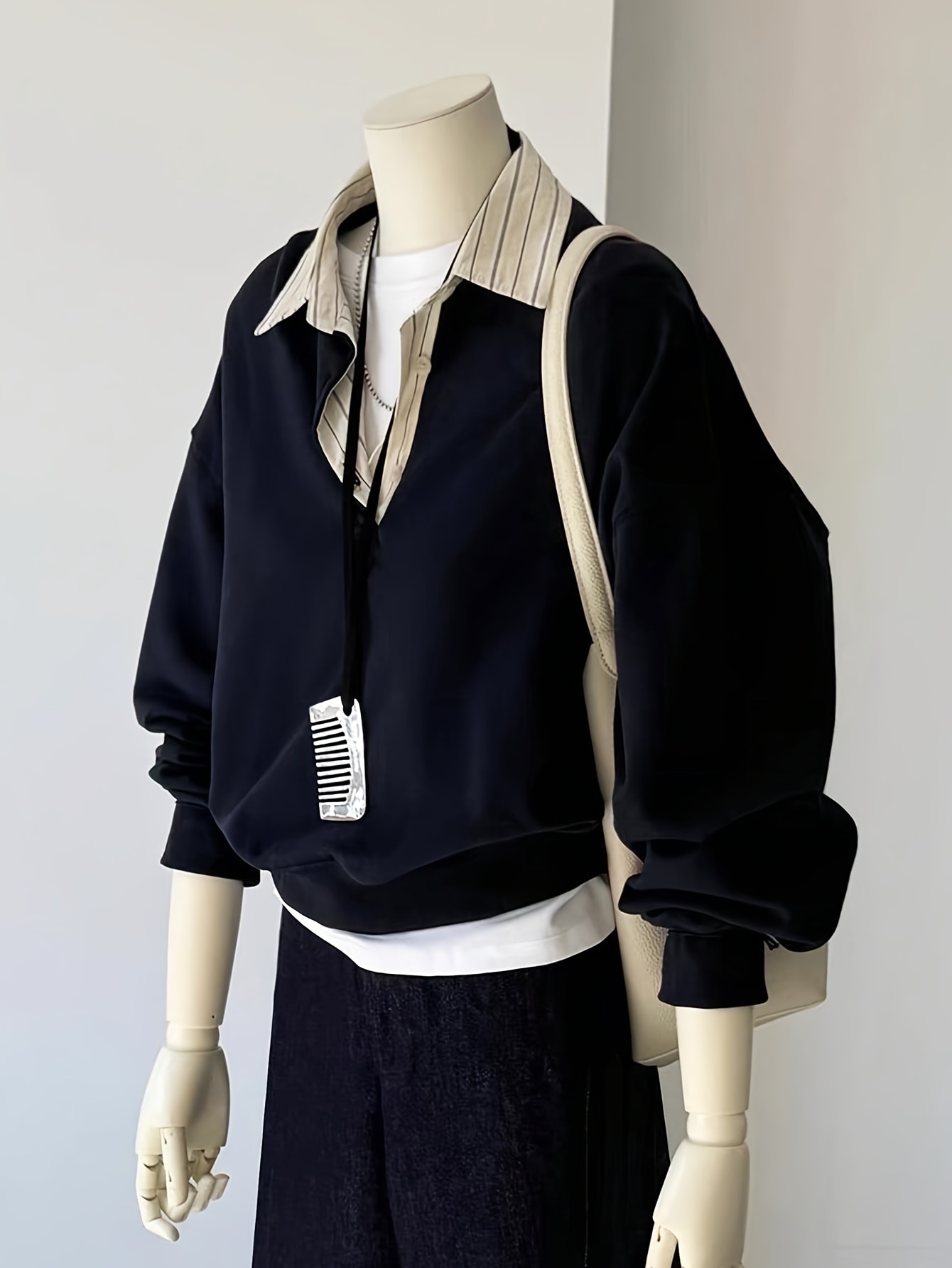 【全店通用25%OFFクーポン】【重ね着風】スウェット レディース トレーナー フェイクレイヤード トップス 襟付き シャツ ストライプ 異素材 ドッキング プルオーバー 長袖 カットソー チュニック ゆったり ビッグシルエット オーバーサイズ 体型|大森麗萱
