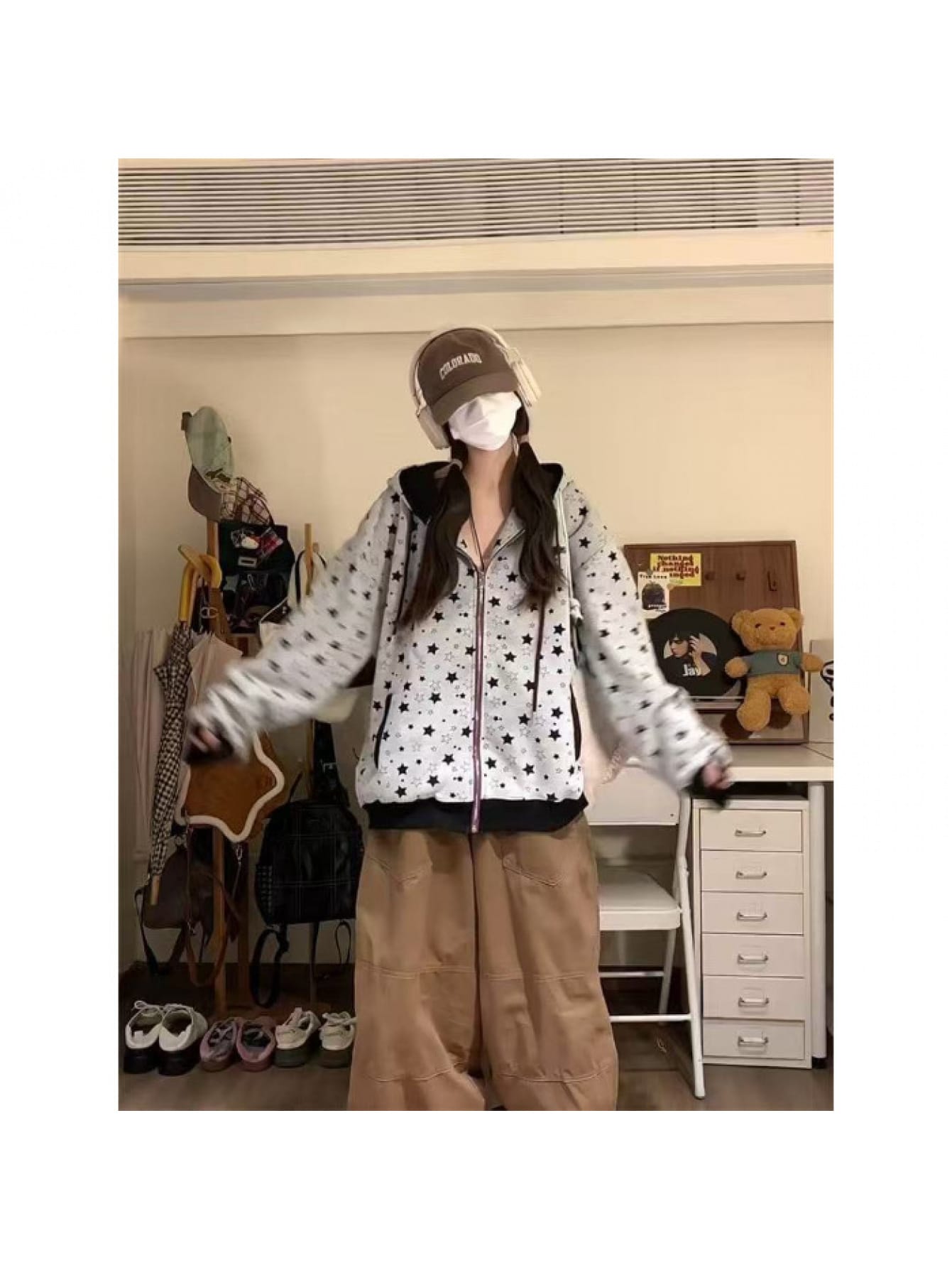 【全店30％OFFクーポンがあり】【星柄パーカー】 ジップアップ パーカー レディース フーディー スウェット 星柄 スター 総柄 オーバーサイズ ビッグシルエット ゆったり 長袖 羽織り ジャケット トレーナー アウター トップス 前開き アメカジ｜大森麗萱
