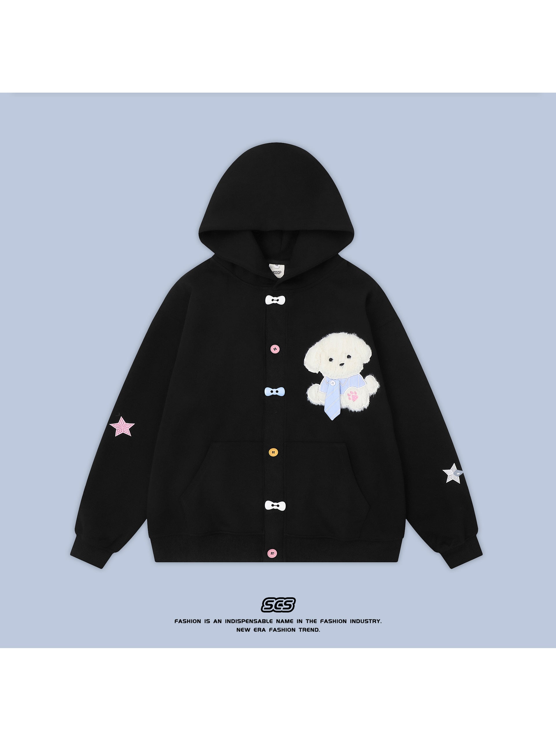 【全店30％OFFクーポンがあり】【犬刺繍&times;前開き】パーカー レディース ぬいぐるみ風 いぬ スウェット カーディガン 羽織り フーディー ボタン ゆったり オーバーサイズ ビッグシルエット トップス 長袖 サガラ刺繍 もこもこ ワンポイント 星柄｜大森麗萱