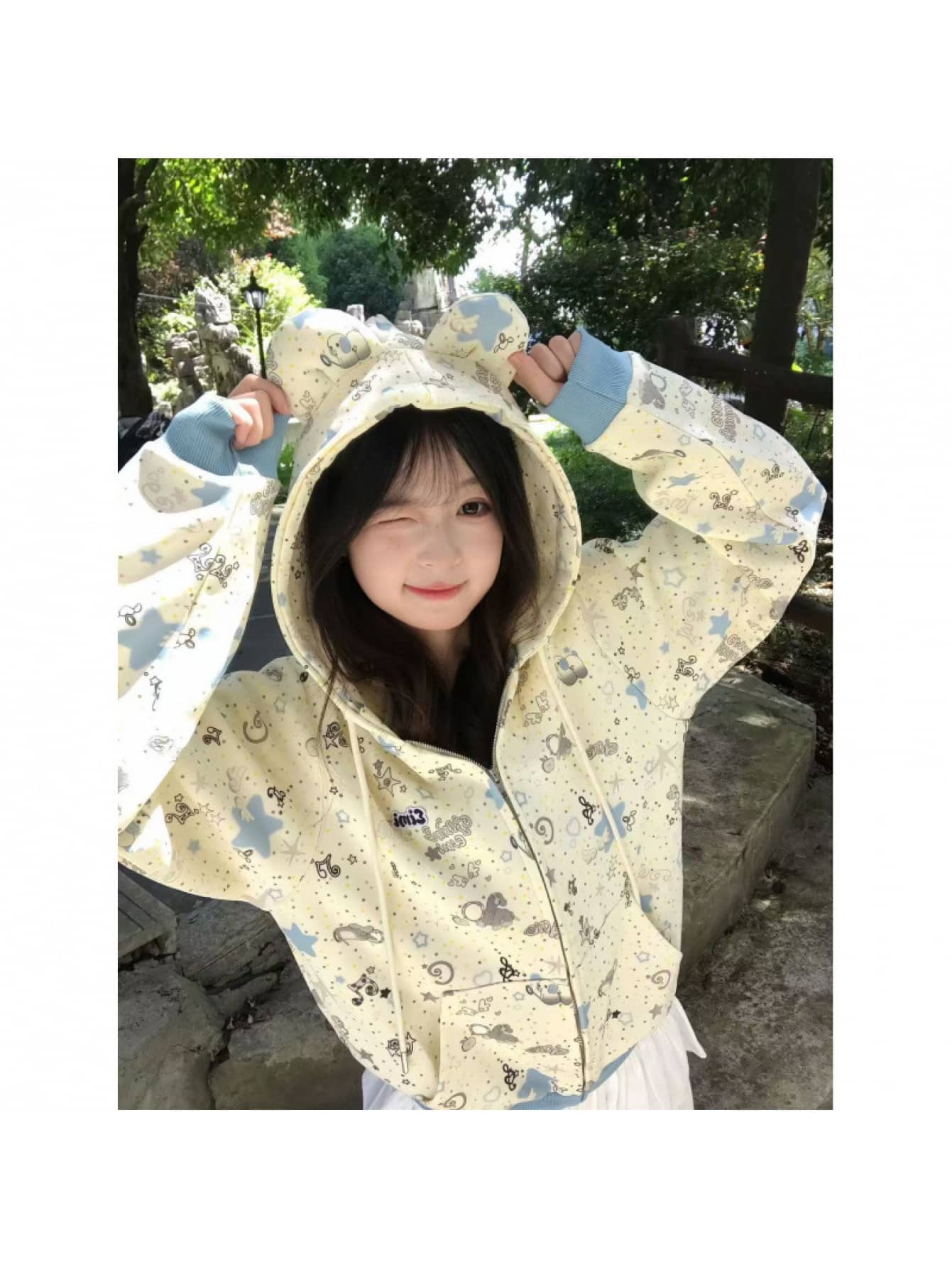 【全店30％OFF引き換え証があり】【くま耳が好いたらしい】 パーカー レディース ジップアップ フーディー 汗水 調教師 総柄 星柄 厚地の外套大きさ ビッグ影ぼうし ゆったり 体型押しかぶせる 着痩せ 長袖 羽織り アウター 心地よい 韓国風 原宿