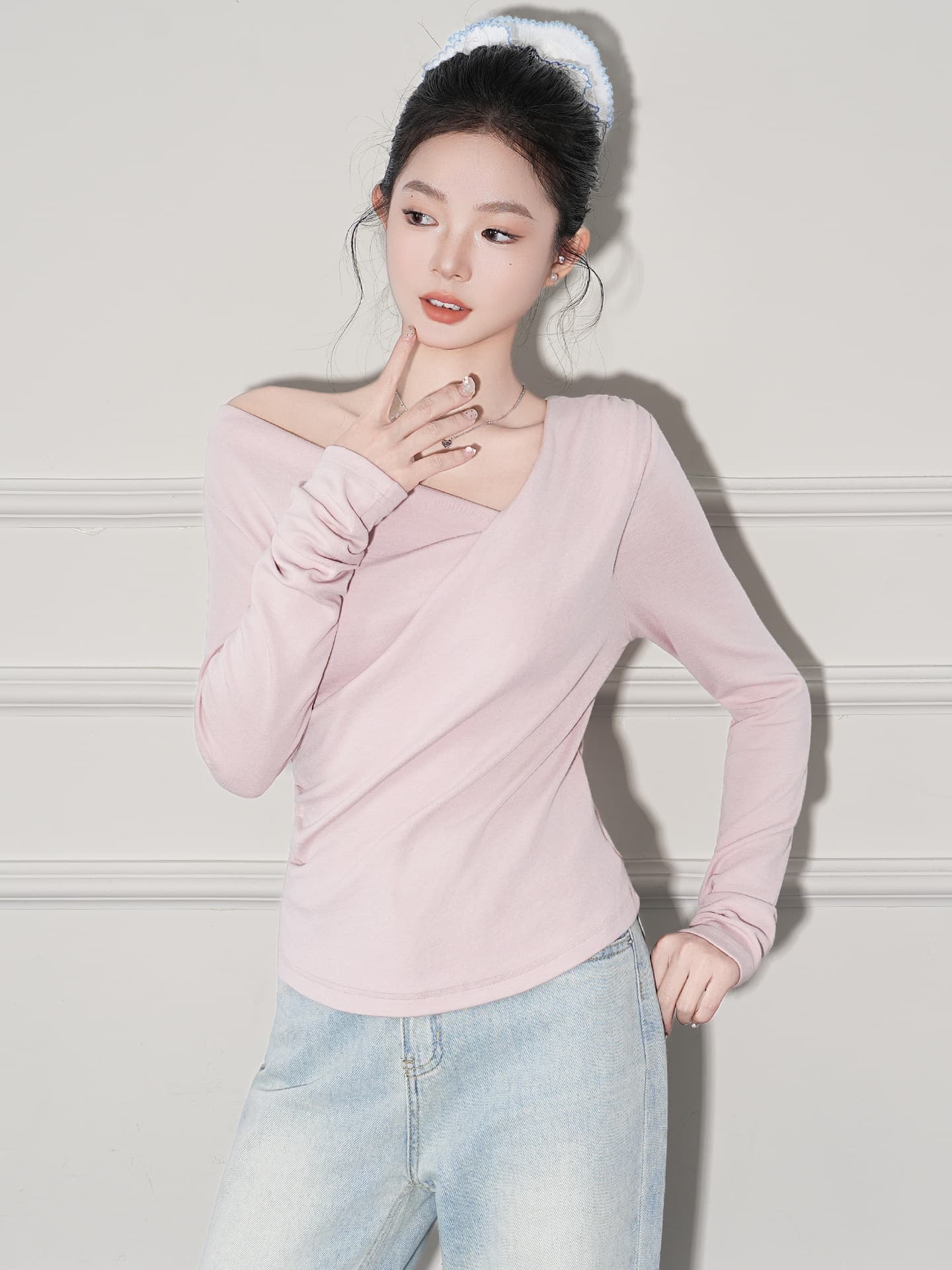 【全店通用25%OFFクーポン】カットソー レディース 長袖 Tシャツ レース インナー タイト スリム ウエストマーク ロンT トップス 無地 グレー 伸縮性 ストレッチ 着痩せ 細見え くびれ 鎖骨見え 春 秋 冬 重ね着 レイヤード カジュアル|大森麗萱