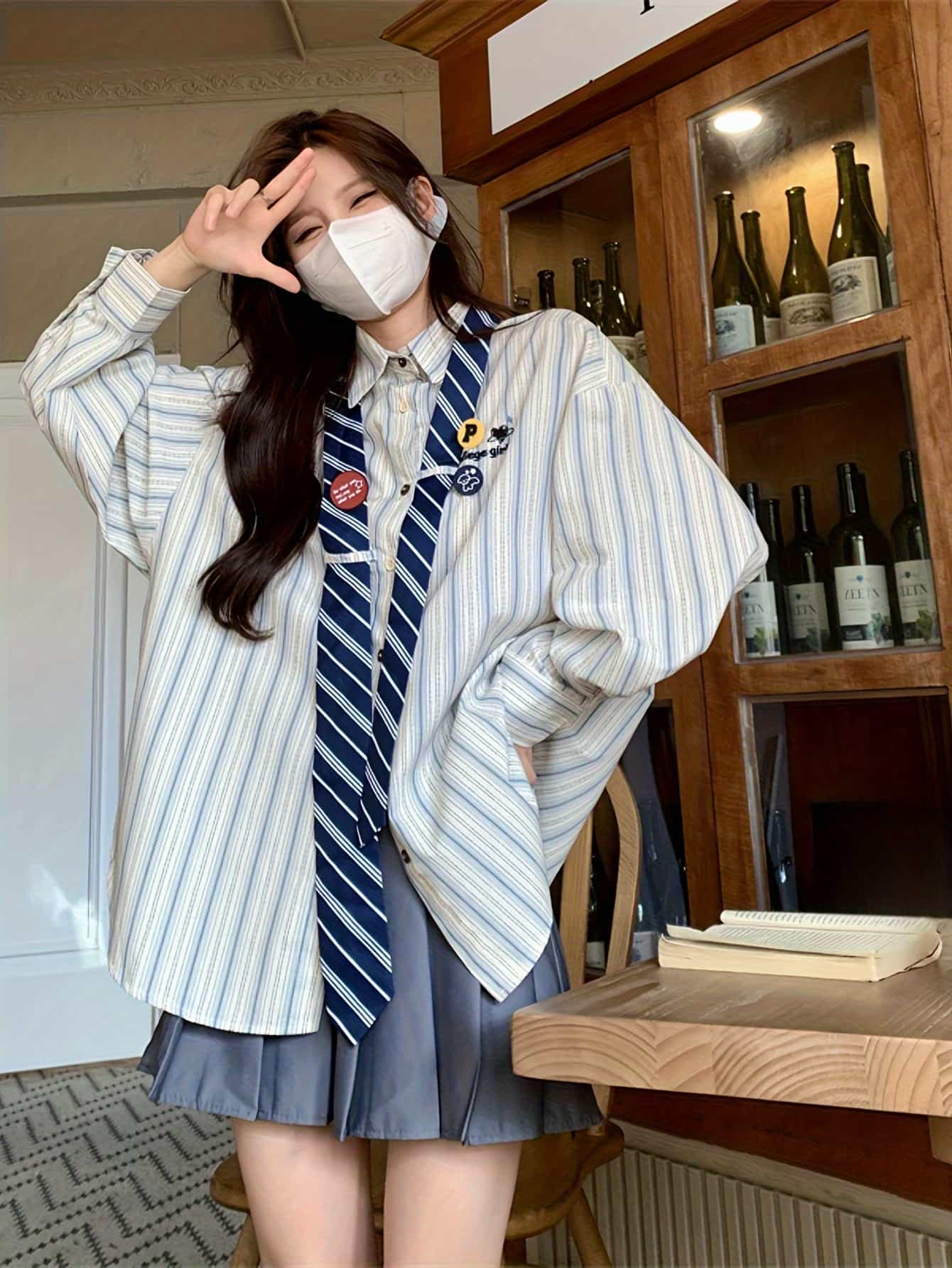 【全店30％OFF引き換え証】【タイ付き添い人】縞模様プルオーバー レディース 長袖 紋章 学校風 トップ トップス 襟付き添い人 ビッグ影ぼうし 厚地の外套大きさ ゆったり 気が大きい大きさ 体型押しかぶせる 着痩せ 細押し出し 羽織り ライトアウター アメカジ