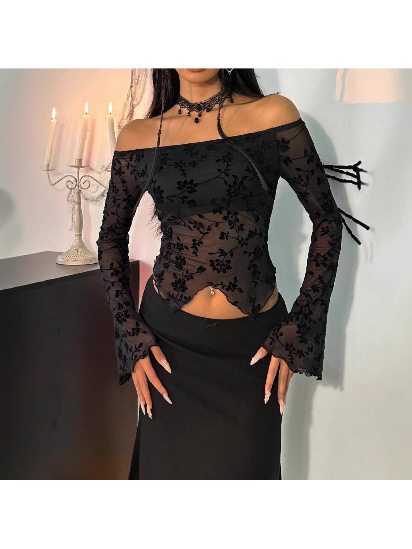 【全店30％OFF引き換え証】【シアートップス】オフショルダー 花柄 メッシュ カットソー レディース 長袖 呼びりん捩り カクテルドレスルー チュール 透け感 Ｔシャツ トップ トップス ロンＴ 肩出し 艶っぽい ｙ２ｋ 仕掛地雷系 量産型 韓国 裾うつり変わり クロ
