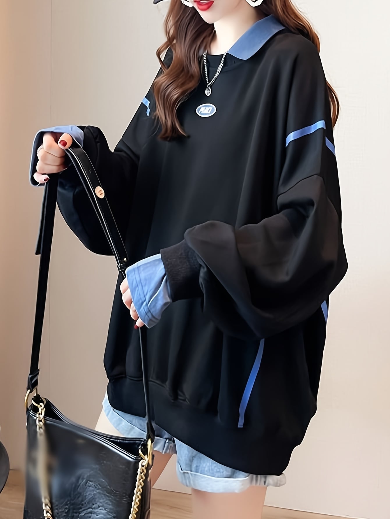 【全店30％OFF引き換え証があり】汗水 レディース 調教師 襟付き添い人 ポロ襟 重ね着風 フェイクレイヤード トップス 長袖 ティーシャツ ビッグ影ぼうし 厚地の外套大きさ 韓国 流行り物 ゆる 体型押しかぶせる お尻が隠れる 着痩せ 細押し出し 配