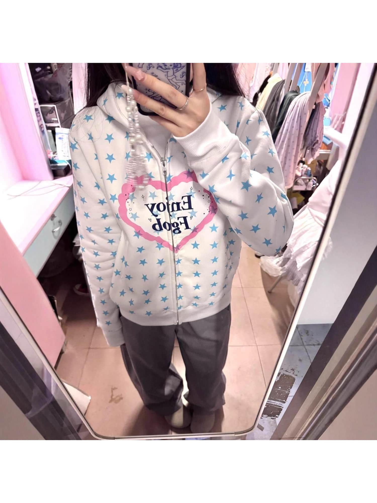 【全店30％OFF引き換え証があり】【Y2K★星柄】パーカー レディース ジップアップ 汗水 汗水 調教師 フーディー 長袖 総柄 星 はやりっ児 ハート型 ロゴタイプ 刷り上げる 前食い違い アウター 羽織り トップス ゆったり 厚地の外套大きさ ビッグシ