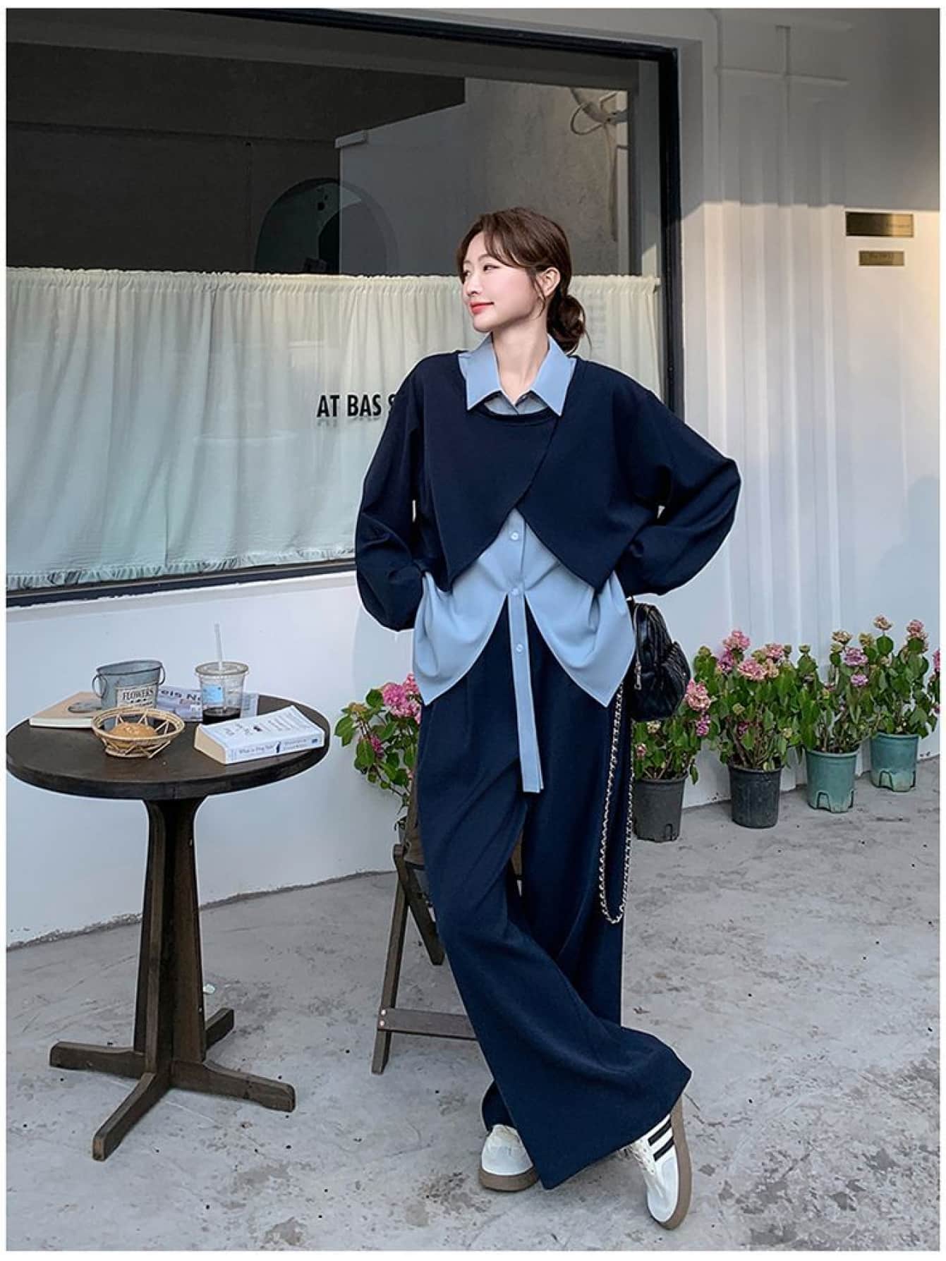 【全店30％OFF引き換え証があり】【花の冠yd風】 セットアップ レディース 2点仕掛ける 春 秋 冬 フェイクレイヤード プルオーバー 縛 トップス 広広としたズボン下 ガウチョ ズボン ボトムス 襟付き添い人 長袖 ゆる影ぼうし 厚地の外套大きさ ビッグシル