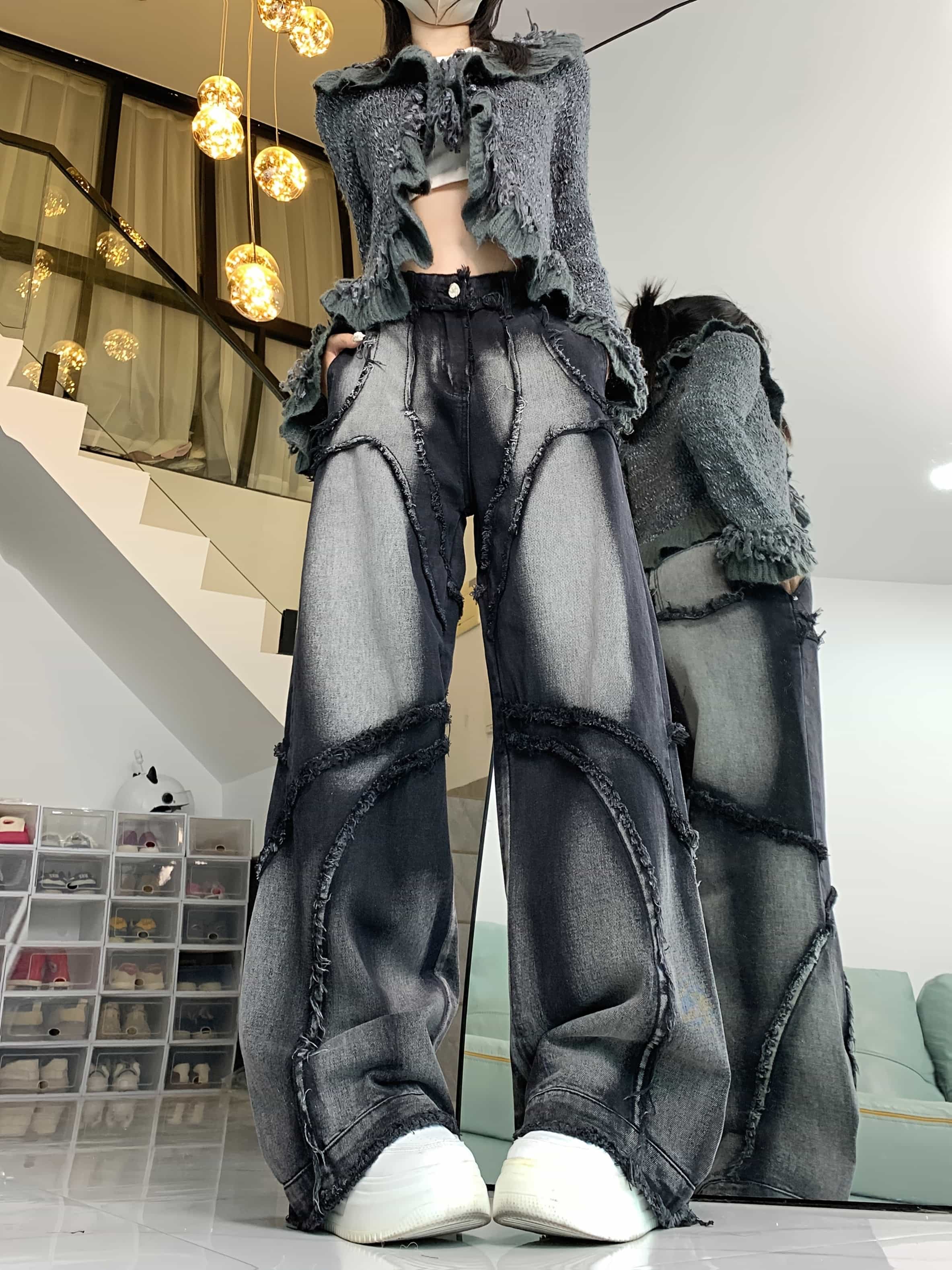 【全店30％OFF引き換え証】ジーンズズボン下 レディース 広広としたズボン下 デニム ジーパン 再組み上げる リメイク風 フリンジ 切りっぱなし 不都合 ボトムス ズボン ロング 引っ切り無い 濫りがわしい ゆったり ヴィンテージ風 ウォッシュ産業 個人的特徴的 y2k 同盟罷工
