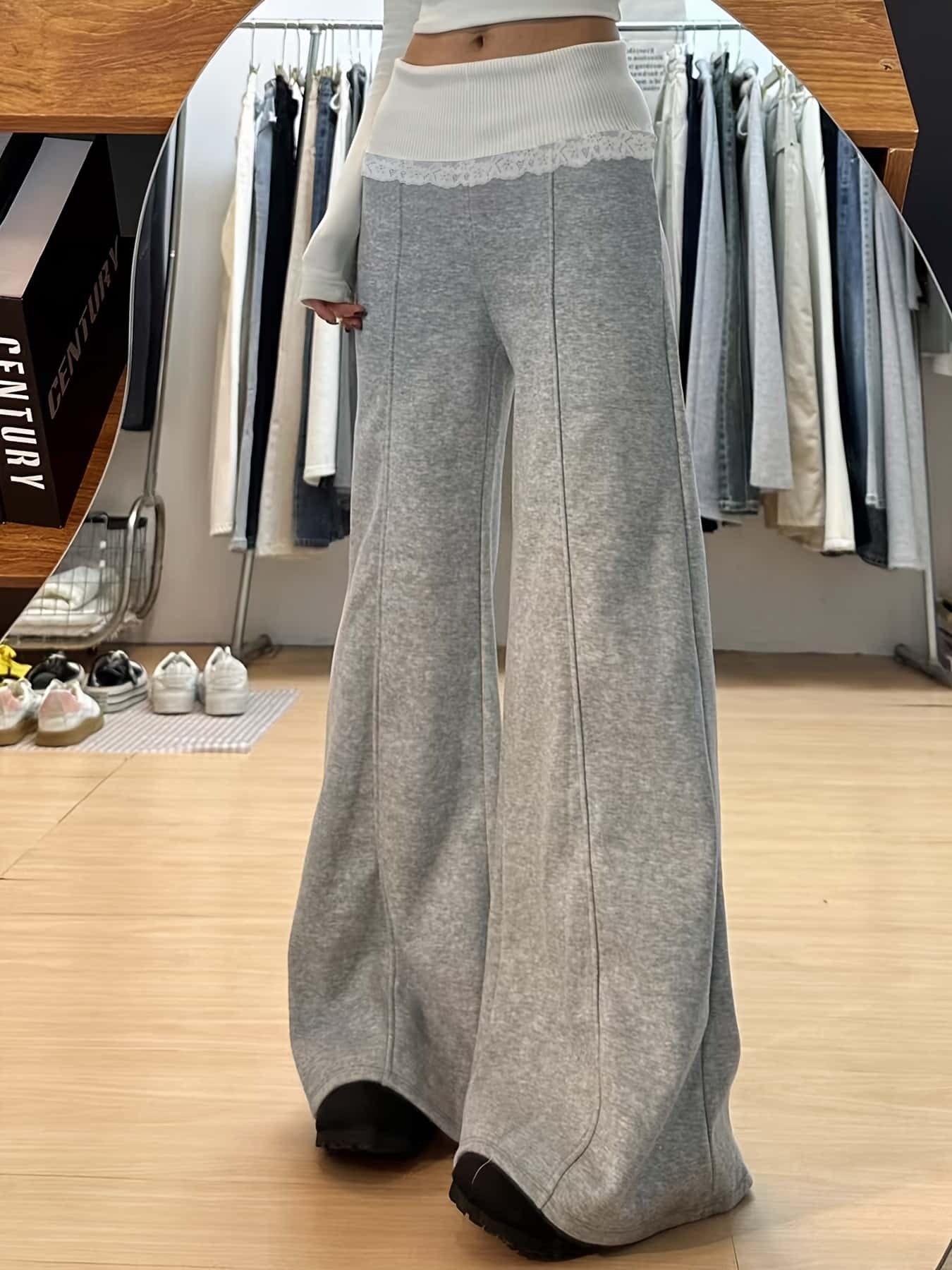 【全店通用25%OFFクーポン】【美脚見え】ワイドパンツ レディース スウェットパンツ レース 切り替え ハイウエスト バギーパンツ ベルボトム ズボン ロングパンツ ボトムス ウエストゴム センタープレス ピンタック 楽ち|大森麗萱