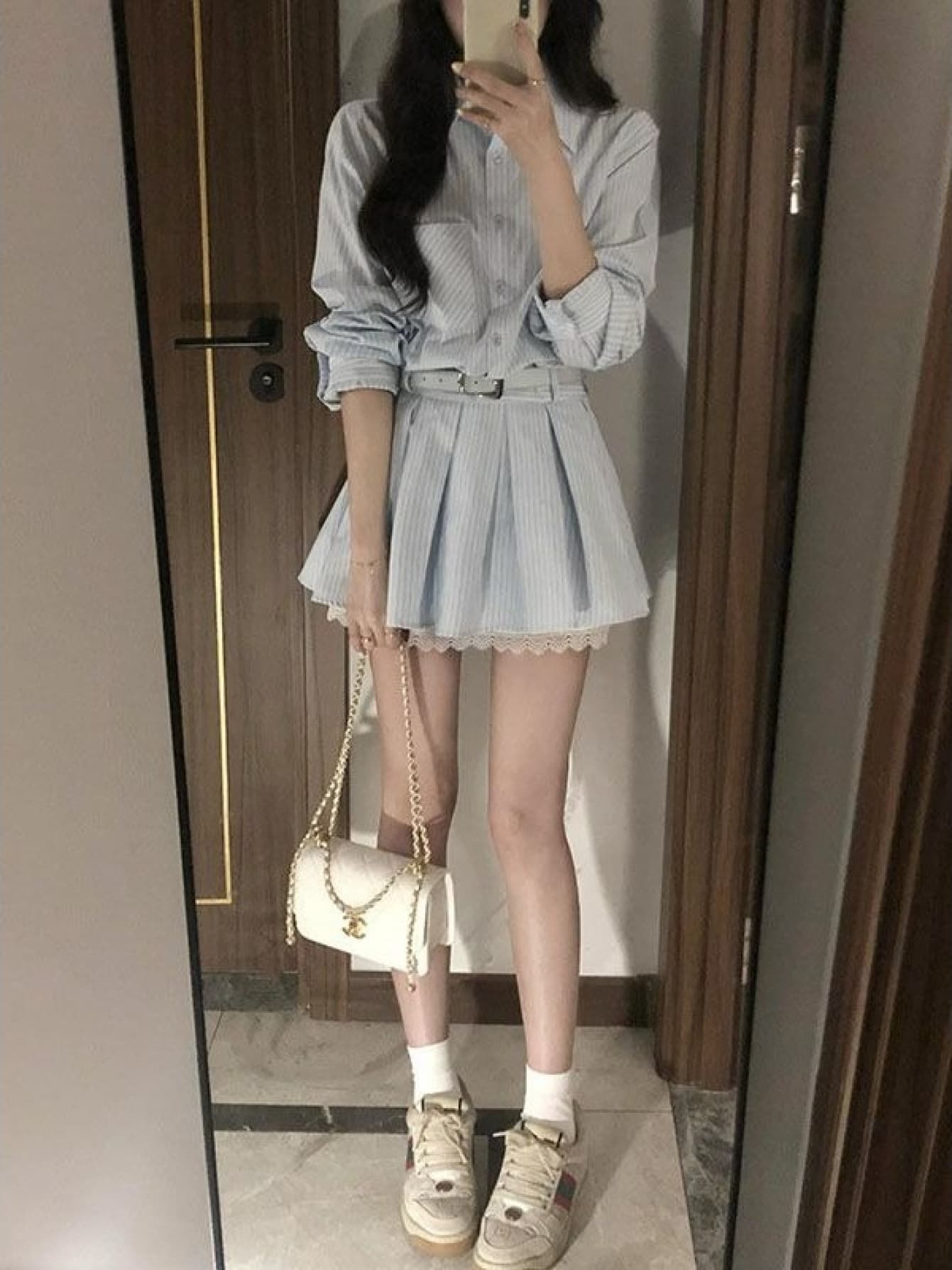 【今日このごろ押さえる、超買得30％OFF引き換え証、2度潮どき皆無】プルオーバー衣裳 セットアップ レディース 縞模様柄 長袖 ミニ丈 筋目スコート 三尺帯付き添い人 2点書き割り 襟付き添い人 前くい違い トップ ミニスカート 裾スピード競技 A伝達ルート 酉の方角見澄ます 脚