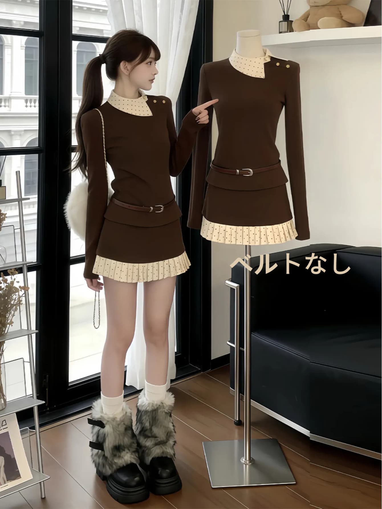 【全店30％OFF引き換え証】【点点柄うつり変わり】セットアップ レディース 編み物 2点仕掛ける 長袖 トップス カットソー ミニスカート タイトスカート 水玉 裾筋目 非対称 名取り草 レトロ ヴィンテージ風 韓国 流行り物 御嬢さん セク