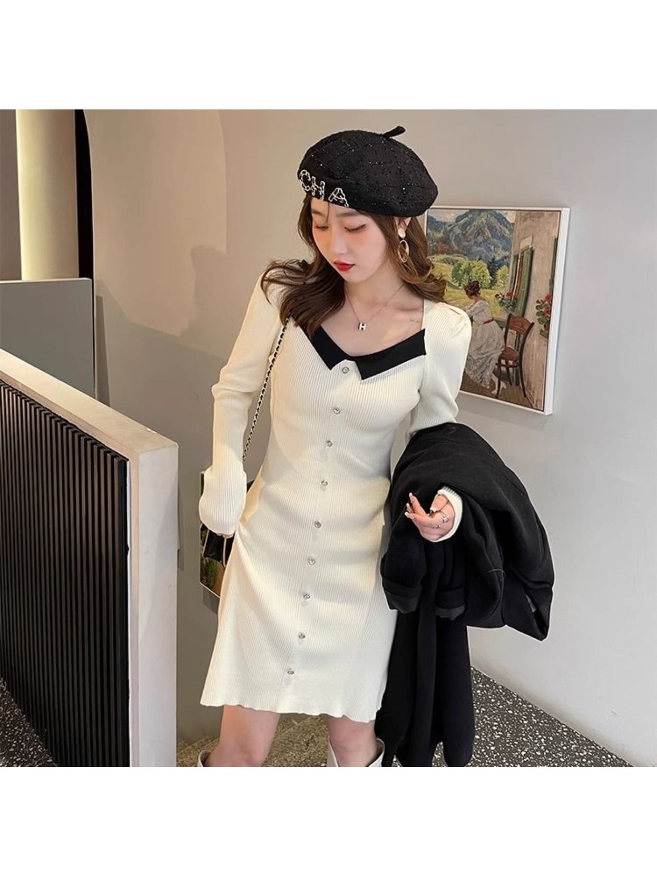 【全店30％OFFクーポン券】編み物衣装 レディース 襟付き添い人 バイ色つや 色彩設計 真四角素っ首 タイトワンピース ミニ丈 長袖 前名取り草 リブニット 韓国 流行り物 成年者好いたらしい 好いたらしいめ 伸縮性 伸ばすこと 細押し出し 着痩せ 体型覆いかぶせる オフィ