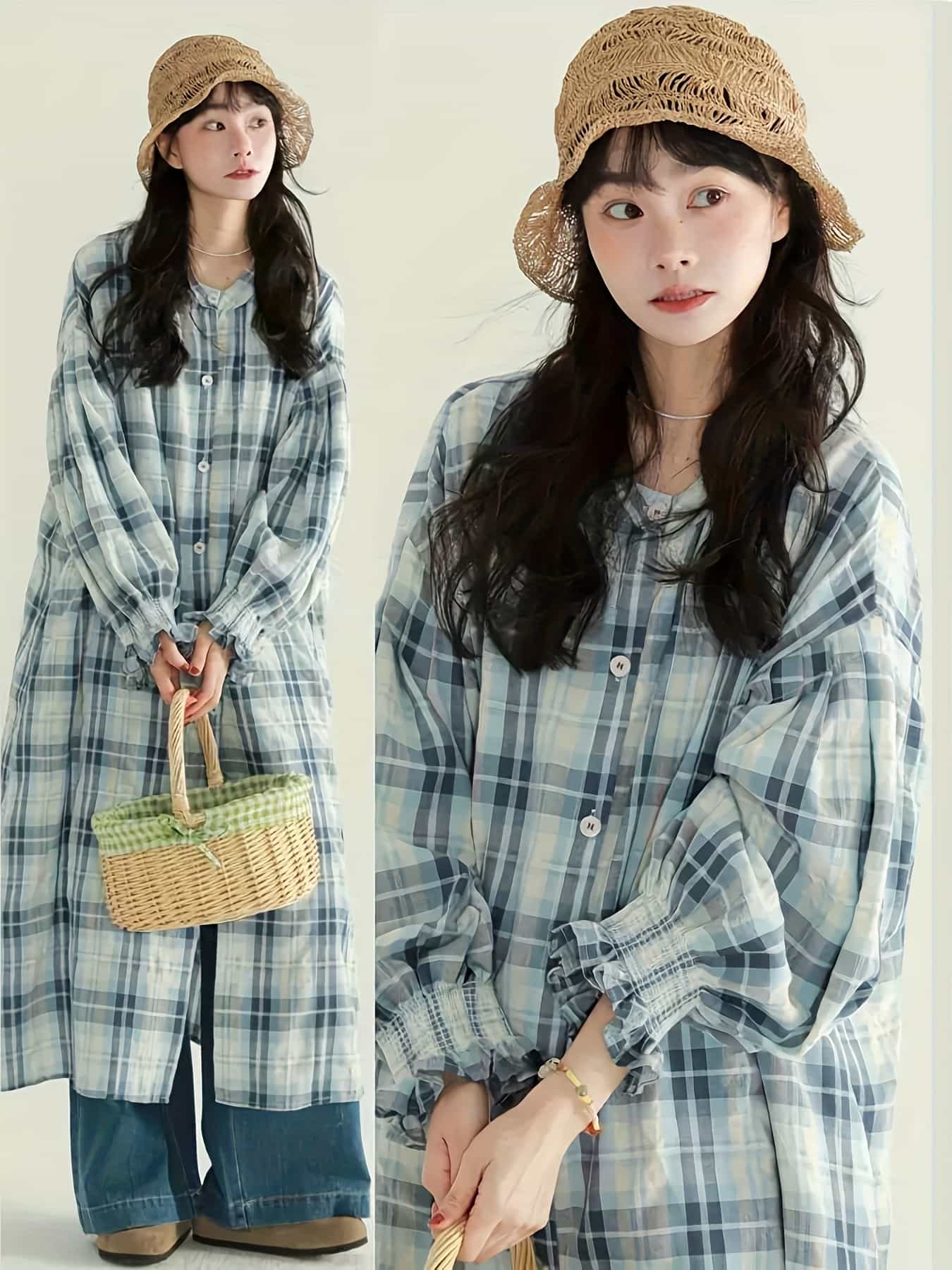 【全店30％OFF引き換え証】プルオーバー衣装 読み合わせる柄 ロング 衣装 レディース リネン混 リネン触れ合う 綿麻混 長袖 前食い違い 羽織り ダンス楽隊色合い 砂糖菓子捩り 袖フラウンス タータンチェック 透かし彫り柄 A生産ライン ゆったり 気が大きい大きさ