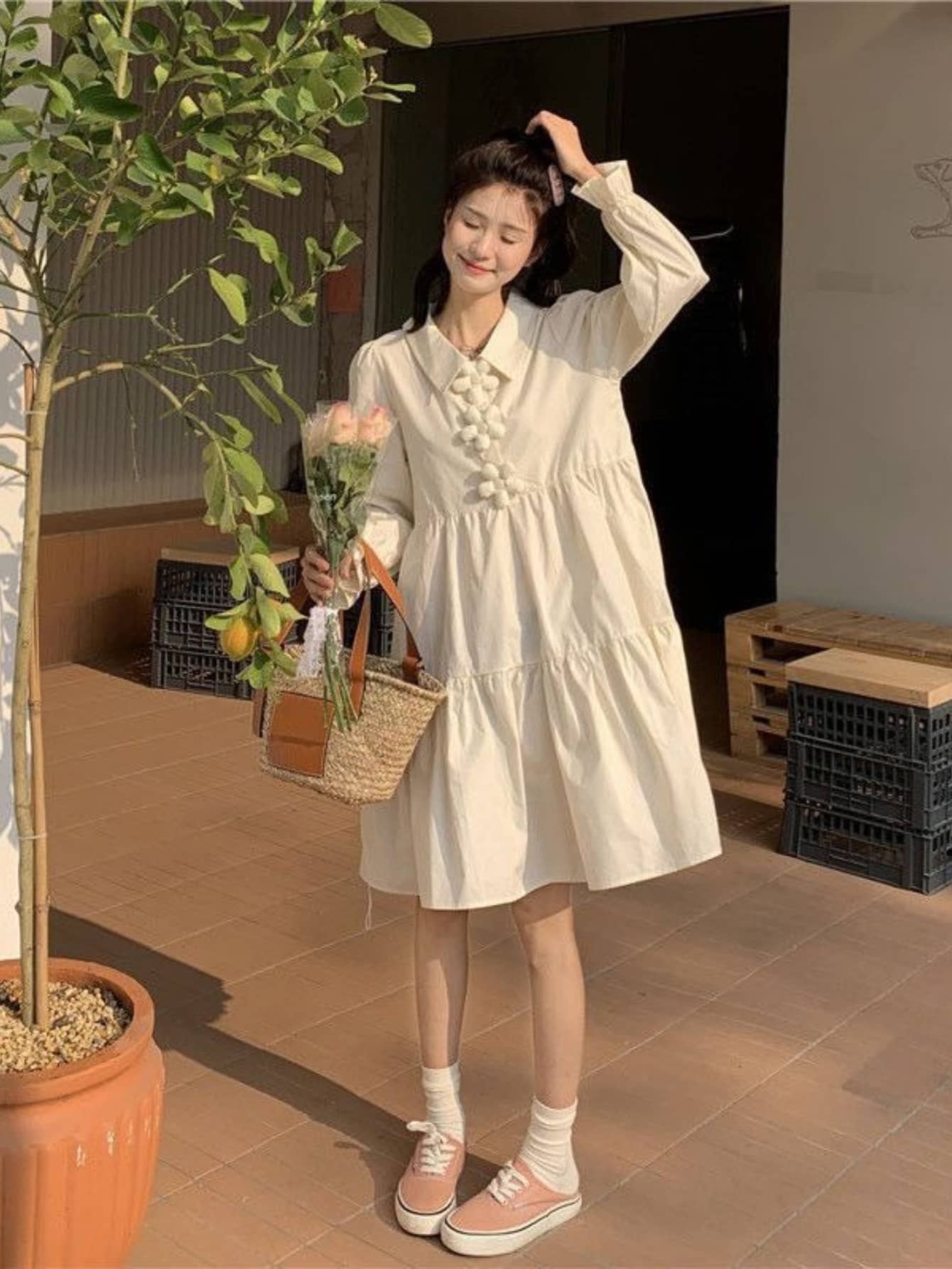 【全店30％OFF引き換え証】【成年者好いたらしい】 プルオーバー衣装 ティアード 衣装 レディース 長袖 膝丈 ひざ丈 襟付き添い人 上衣 音の大きさ袖 袖コンシャス ゆったり 体型押しかぶせる 着痩せ 細押し出し 20代 30代 40代 ママコーデ お出かけ