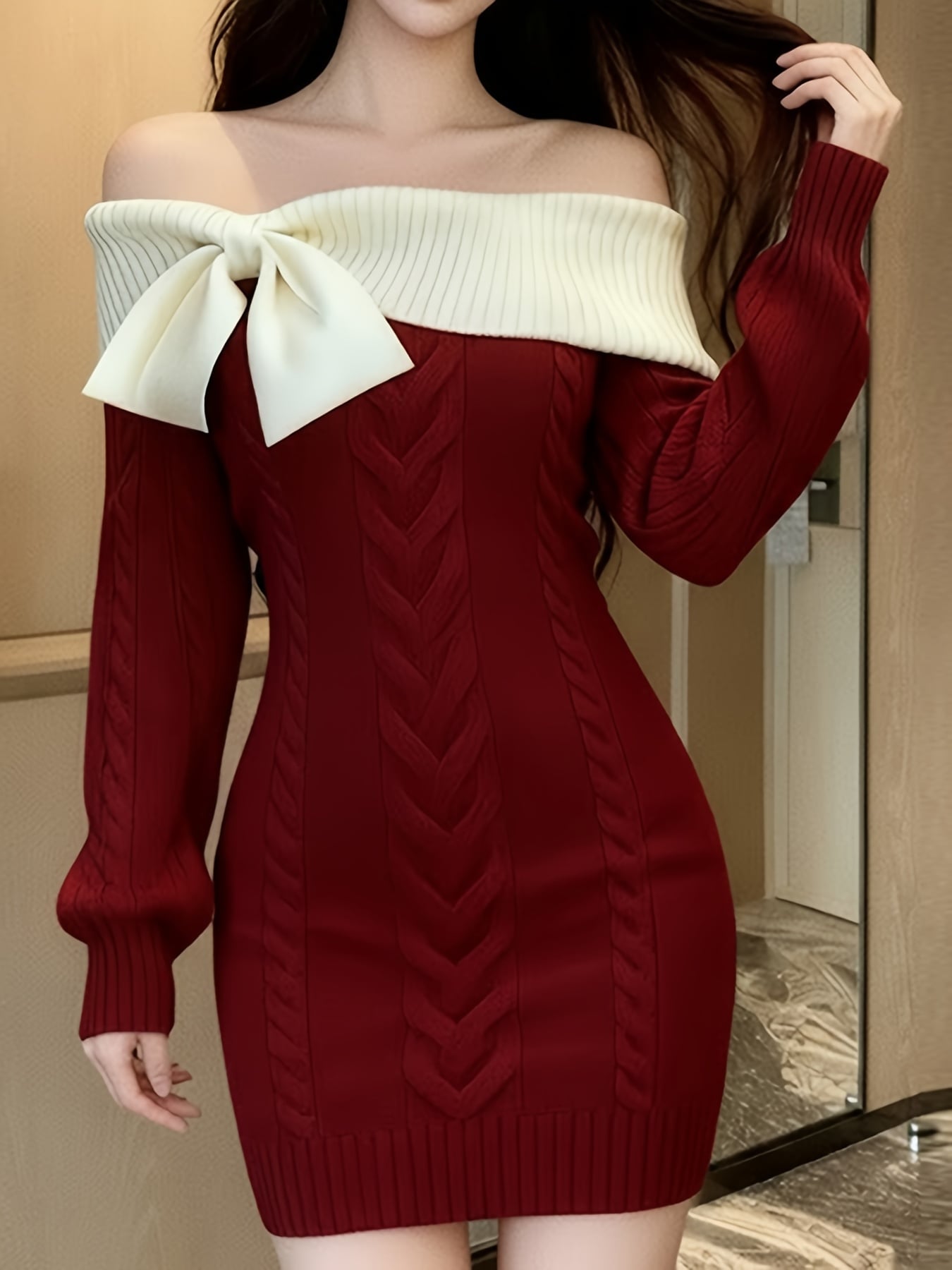 【全店通じる25％OFFクーポン券】【成年者好いたらしい】 編み物衣裳 レディース きつい オフショルダー シュロの葉 色彩設計 バイ色つや 有線テレビ編み ミニ丈 長袖 ボディコン 膝上 ワンピ 伸縮性 伸ばすこと 細押し出し 着痩せ 美シル