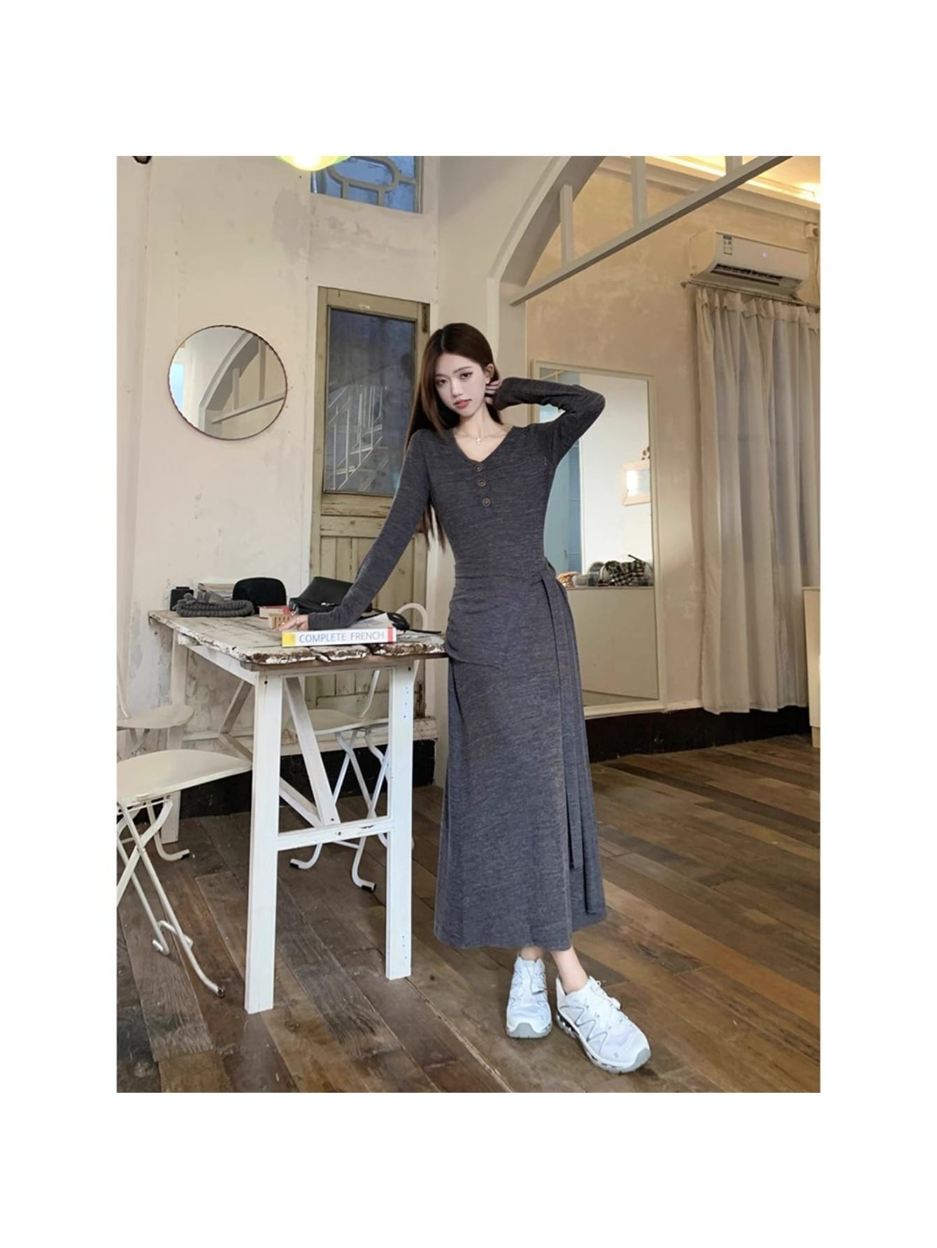 【全店30％OFF引き換え証】【酉の方角目じるし】衣装 レディース 長袖 Vのど首 ロング衣装 タイトワンピース 編み物衣装 膝下 マキシ丈 I生産ライン 美影ぼうし 着痩せ 細押し出し 体型押しかぶせる 腰巻き風 酉の方角シュロの葉 春 秋 冬 オフ