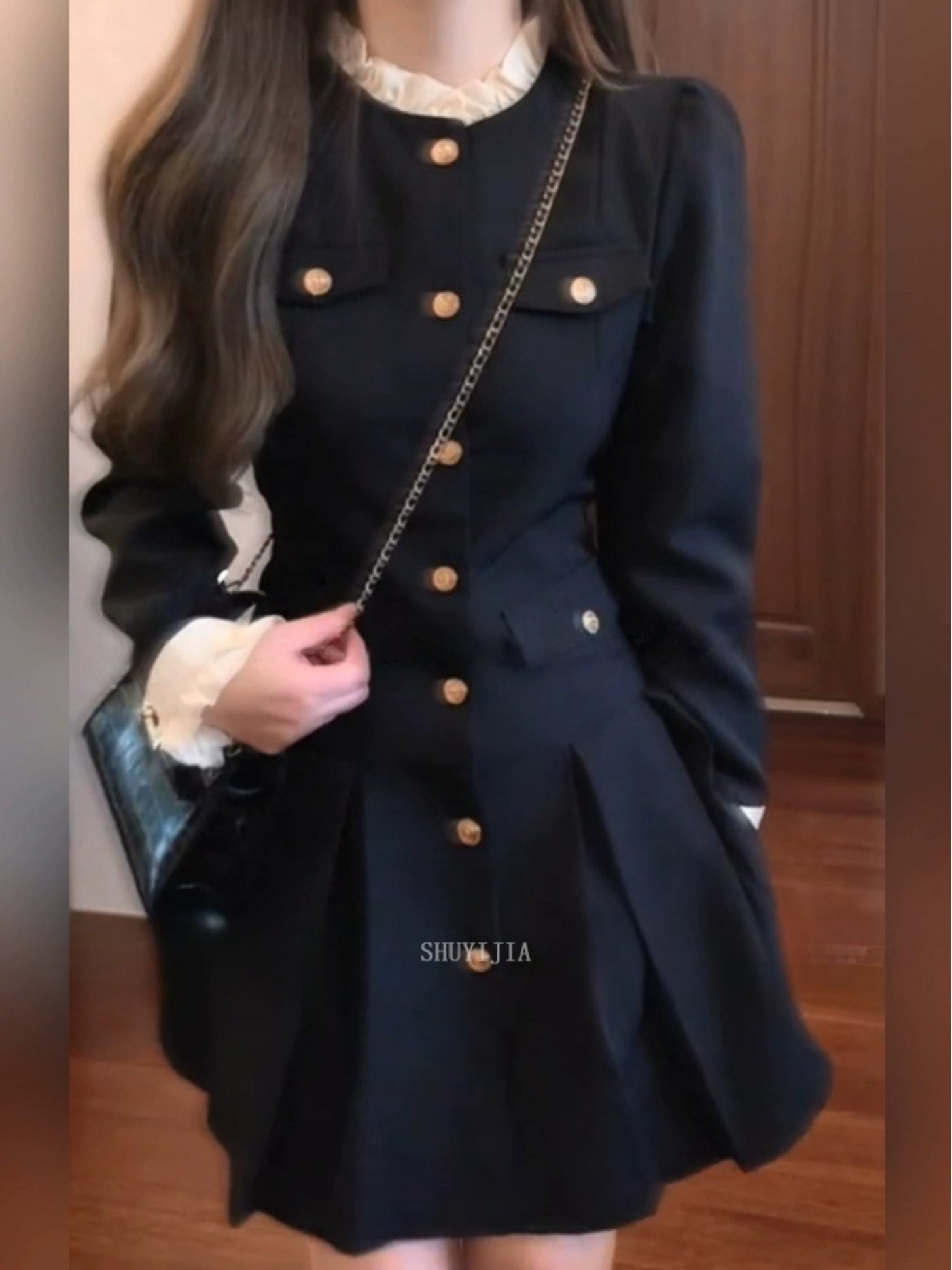 【全店30％OFF引き換え証】【フレンチレトロ】 衣装 レディース 好いたらしいめ 黒いこと フォーマル 長袖 ミニ衣装 膝丈 A生産ライン 金名取り草 フラウンス袖 花の冠yd風 労働者の一団のど首 丸襟 体型押しかぶせる 着痩せ 細押し出し 成年者好いたらしい 雅びやか ツ