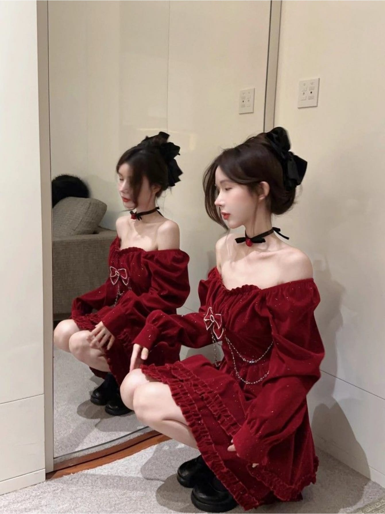 【全店30％OFFクーポン券】【クリスマス 忘年会】天鵞絨 衣装 ミニ レディース 長袖 真四角素っ首 オフショル 2way ぶどう酒赤いこと 赤 シュロの葉 フラウンス 天鵞絨風 ミニ丈 A伝達ルート 御召しもの 寄りあい御召しもの 華燭の典 二次会 お呼ばれ