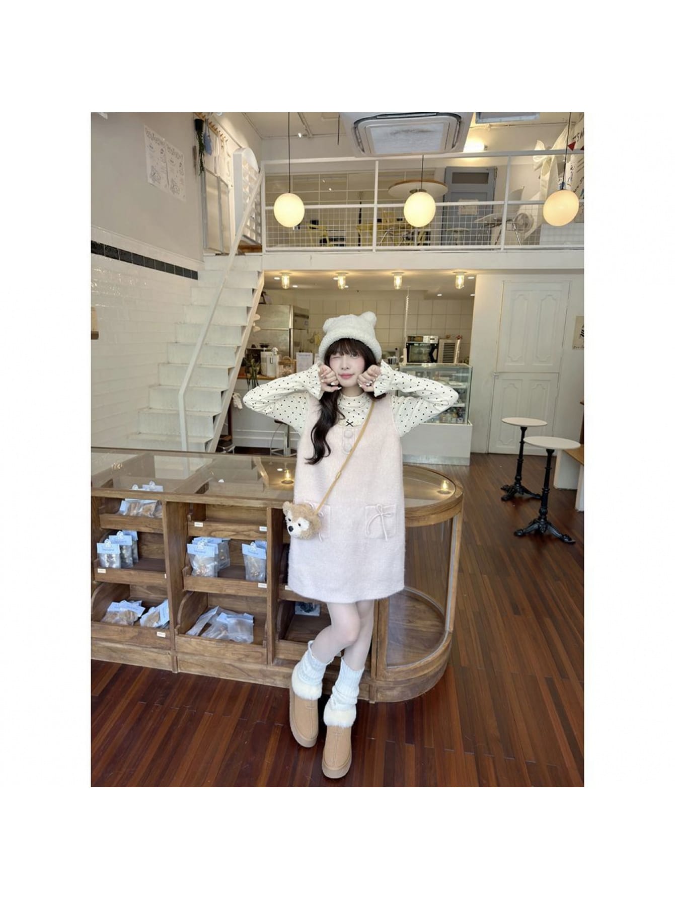 【全店30％OFFクーポンがあり】【大人可愛い】セットアップ レディース 2点セット 春 秋 冬 ワンピース ジャンパースカート ジャンスカ ドット柄 カットソー 長袖 インナー ミニ丈 膝上 リボン シャギー ボア もこもこ フェイクファー ガーリ｜大森麗萱