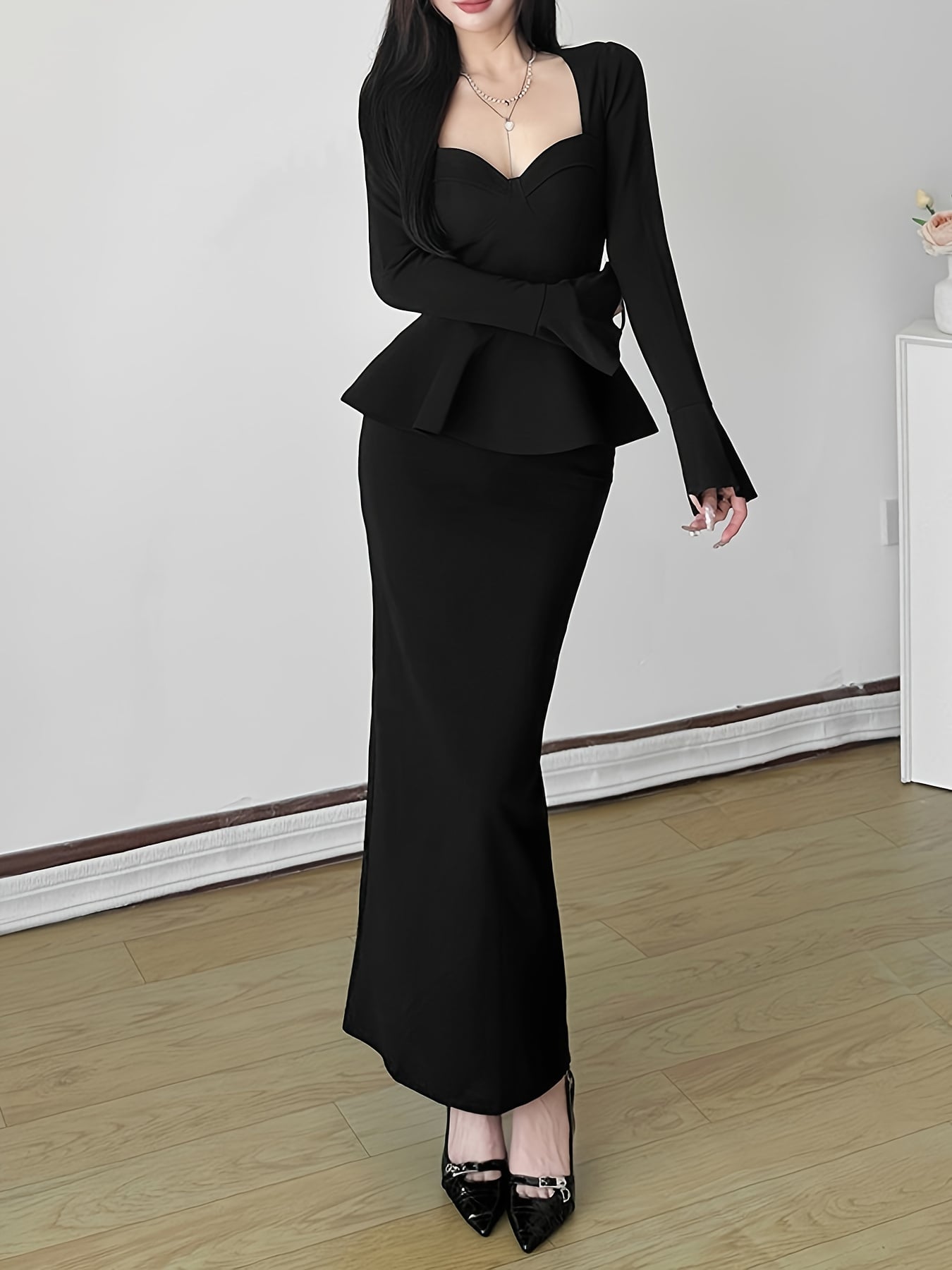 【全店30％OFF引き換え証】【ペプラム青写真】ロング衣装 きつい お召しもの レディース 長袖 マキシ丈 艶っぽい キャバドレス 御芽出度 二次会 お呼ばれ 寄りあいお召しもの 膝下 無地 細長い切口袖 体型押しかぶせる 着痩せ ぽっこり土手っ腹 細押し出し デコル