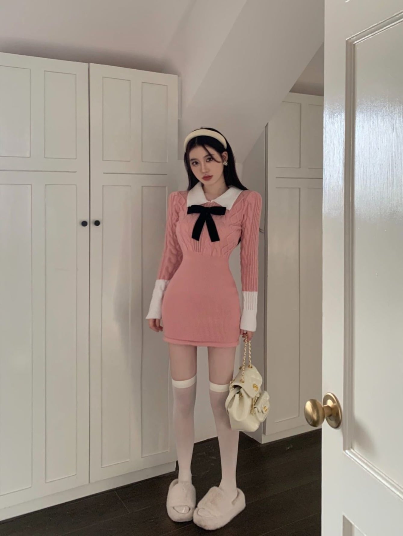 【全店30％OFFクーポン券】【打ち身と好いたらしい】編み物衣装 ミニ きつい 長袖 襟付き添い人 シュロの葉 色彩設計 有線テレビ編み 韓国 流行り物 レディース ワンピ ミニ丈 膝上 ボディコン 着痩せ 細押し出し 美脚 脚長 伸縮性 生やさしい 会う約束服 お出かけ 地