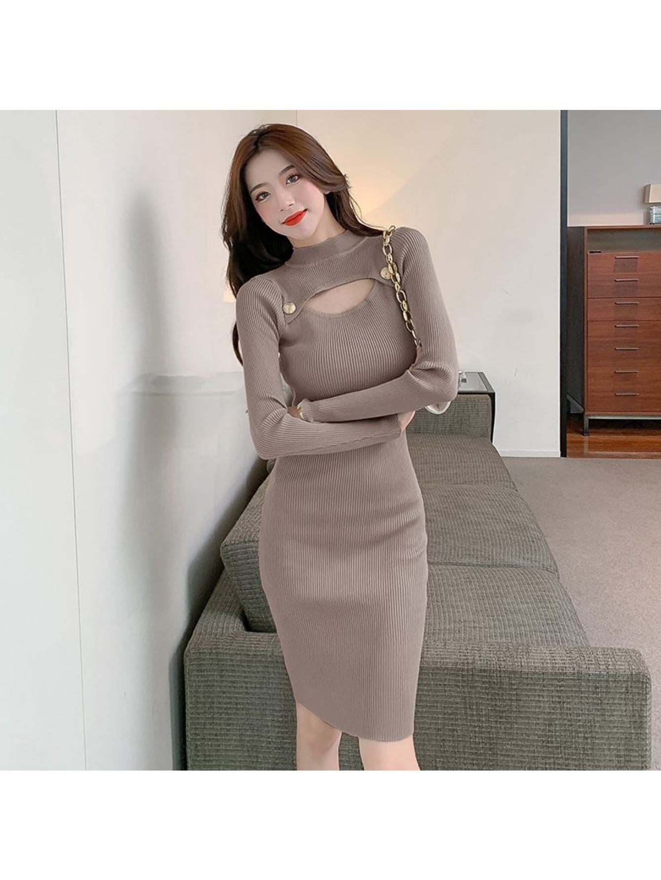 【全店30％OFFクーポン券】編み物衣装 きつい 前胸部あき ハイネック リブニット 長袖 金名取り草 衣装 ワンピ 膝丈 ミモレ丈 ボディコン 伸縮性 伸ばすこと 着痩せ 細押し出し 体型覆いかぶせる 美影ぼうし くびれ 成年者好いたらしい 好いたらしいめ セクシ