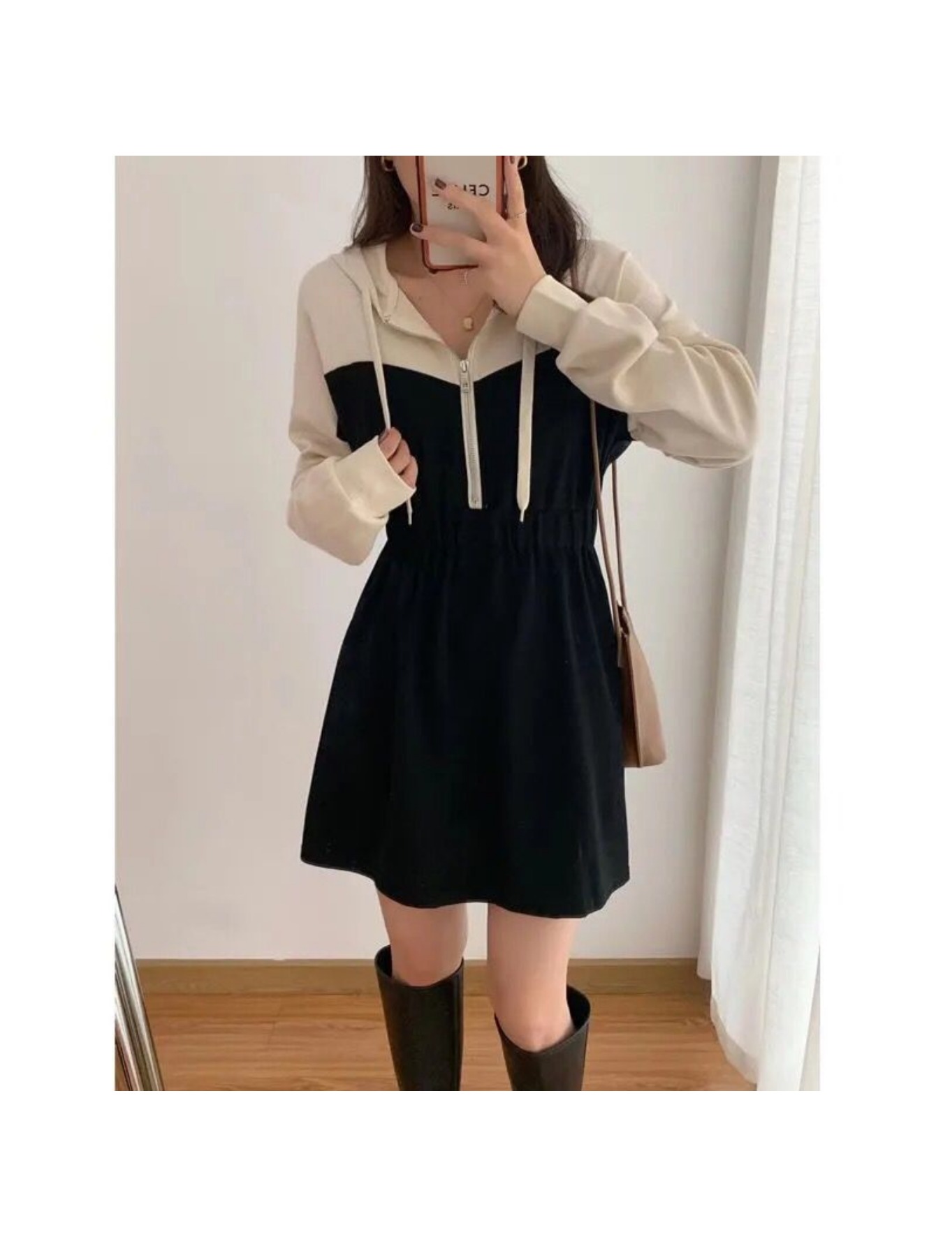 【今日このごろ押さえる、超買得30％OFFクーポン券、2度汐合い絶無】【ハーフジップ】 流汗 衣装 レディース パーカー衣装 フーディー ワンピ バイ色つや 色彩設計 うつり変わり 上着 ミニ丈 膝丈 長袖 酉の方角天然ゴム 酉の方角目じるし 生やさしい