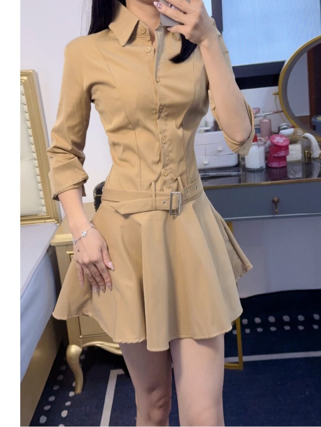 【全店通用25％OFFクーポン】【ベルトセット】シャツワンピース レディース ミニワンピース シャツワンピ Aライン 襟付き 長袖 七分袖 ウエストマーク 着痩せ 体型カバー 脚長 美脚 細見え くびれ 清楚 きれいめ 大人可愛い フェミニン 韓国｜大森麗萱