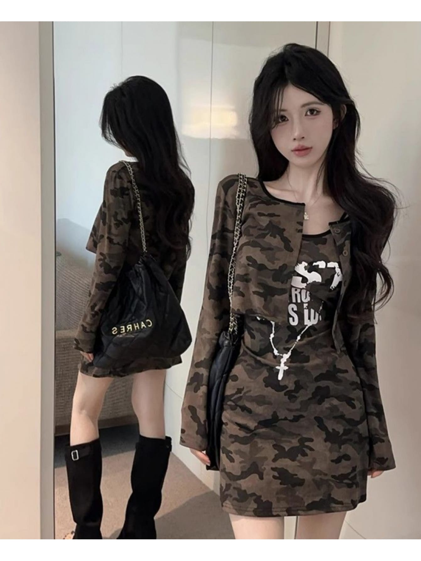 【全店30％OFFクーポン券】【２点仕掛ける】変装柄 化けの皮 セットアップ レディース ジレー キャミワンピース きつい ミニ丈 衣装 キャミワンピ 遊撃手丈 長袖 合奏団 ミリタリー 表どおり 系 Ｙ２Ｋ 韓国 ファッショ