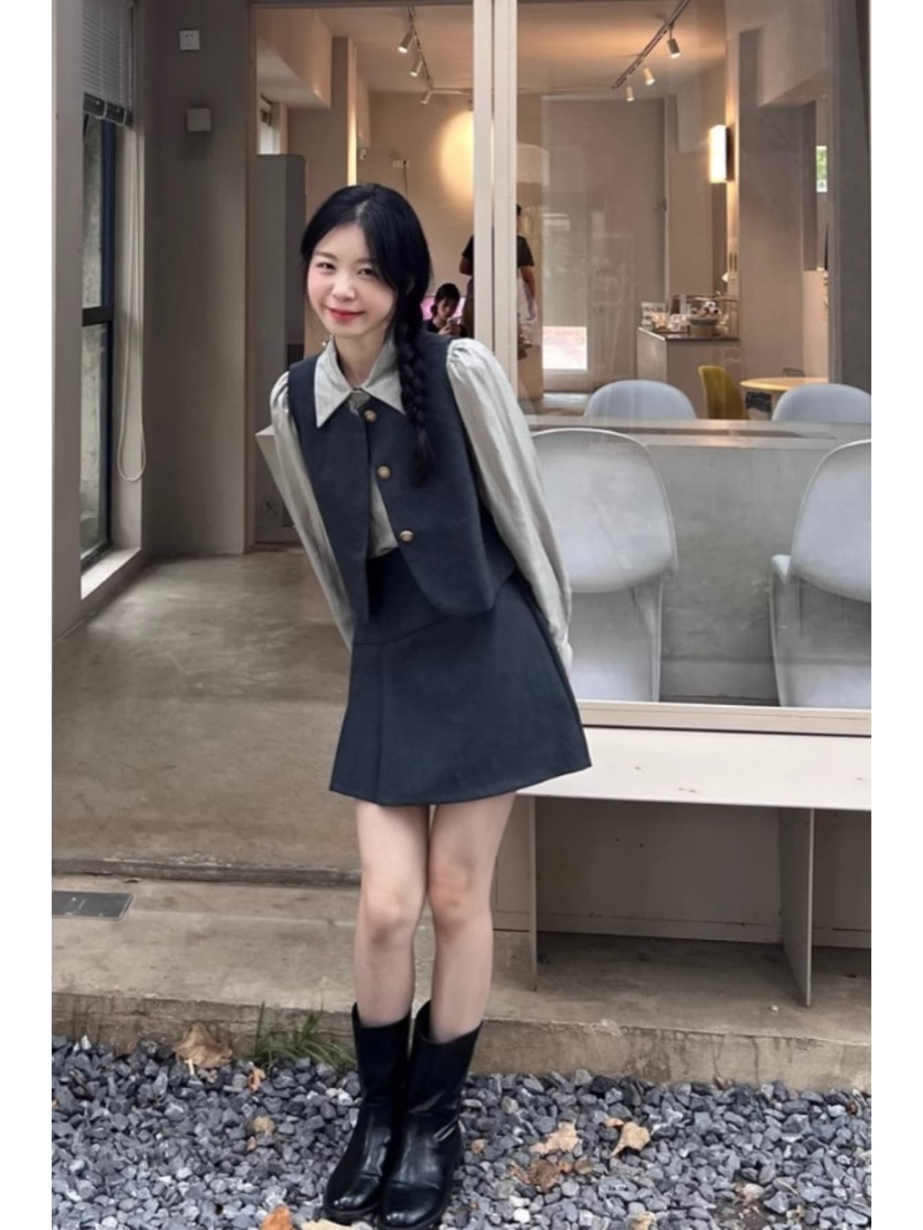 【全店通用25％OFFクーポン】【3点セット】 セットアップ レディース ベスト ブラウス ミニスカート 3点SET ジレ シャツ 襟付き ボリューム袖 長袖 Aライン ミニ丈 膝上 ボトムス トップス 韓国 ファッション｜大森麗萱