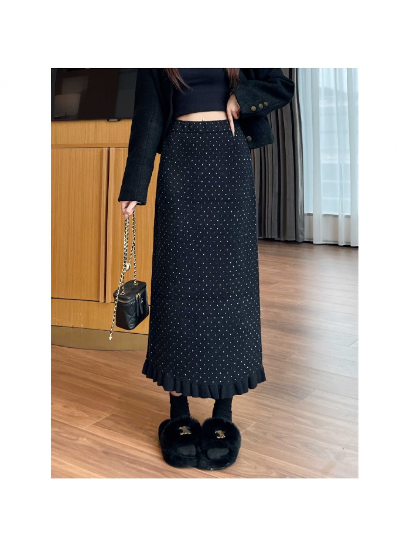 【全店30％OFF引き換え証】編み物スコート ロング 点点柄 裾フラウンス レディース A生産ライン タイトスカート 水玉 ボトムス マキシ丈 ミモレ丈 酉の方角天然ゴム 御機嫌酉の方角 伸ばすこと 伸縮性 生あたたかい 朦々たる 冬用 秋用 春 生あたたかい 体型押しかぶせる 着痩せ