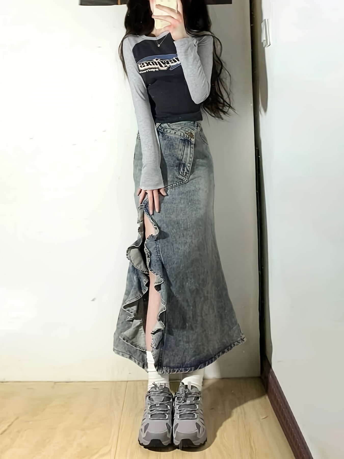【全店30％OFF引き換え証】【非対称】ジーンズスコート 人魚スコート ロング レディース フラウンス 細長い切口 きつい マキシ丈 膝下 ジーンズ デニム ボトムス スコート 御機嫌酉の方角 不規則さ うつり変わり 体型押しかぶせる 着痩せ 脚長 美脚 細見