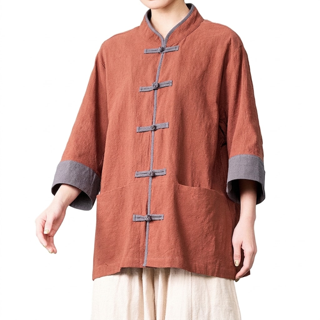 チャイナ服 レディース チャイナボタン シャツ 七分袖 綿麻 立ち襟 マオカラー 太極拳服 民族風 ブラウス ゆったり 大きいサイズ 体型カバー カジュアル トップス 快適 通気性 レトロ 春 夏 秋|大森麗萱