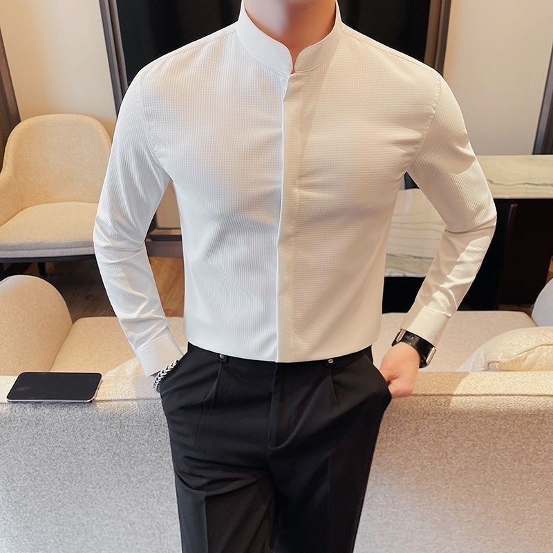 【今日このごろ制限事項、超買得30％OFFクーポン券、2度汐どき皆無】Yシャツ メンズ マンダンリンカラー 商行為 比翼仕立てもの か細い 縞模様 立ち襟 心地好い 身ぎれい感 雅びやか 今めかしい 春 秋