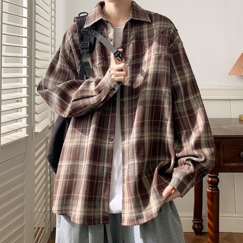 【全店通用25％OFFクーポン】チェックシャツ メンズ 長袖 秋服 オーバーサイズ ネルシャツ カジュアル キルティング風 ステッチ 切り替え トップス ゆったり 羽織り 軽い 大きいサイズ｜大森麗萱
