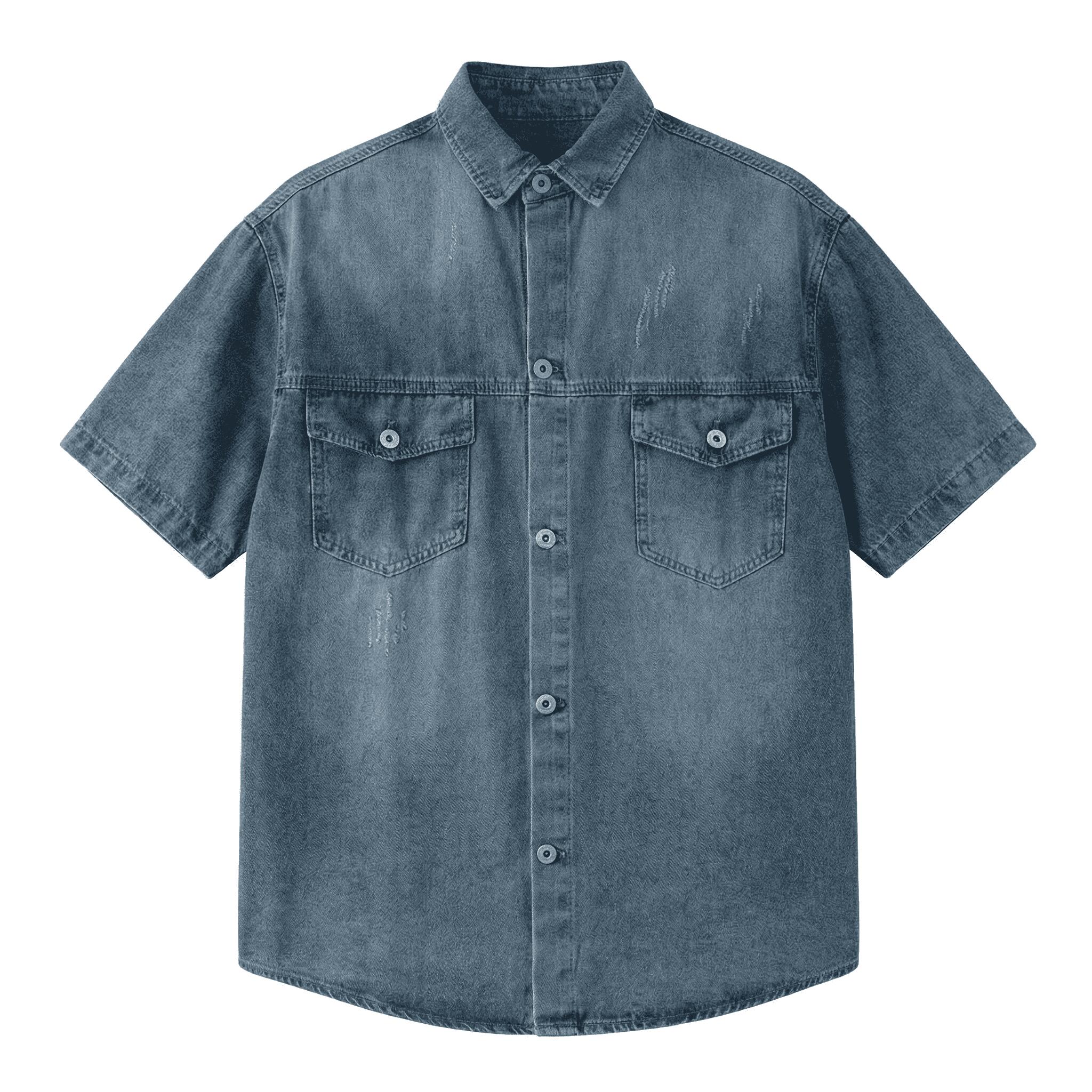 【全店通用25％OFFクーポン】デニムシャツ メンズ 半袖 ワークシャツ ダメージ加工 ヴィンテージ風 オーバーサイズ カジュアルシャツ 系 ストリート トップス ゆったり 夏服 春夏 お洒落 コットン 柔らかい 羽織り ア｜大森麗萱