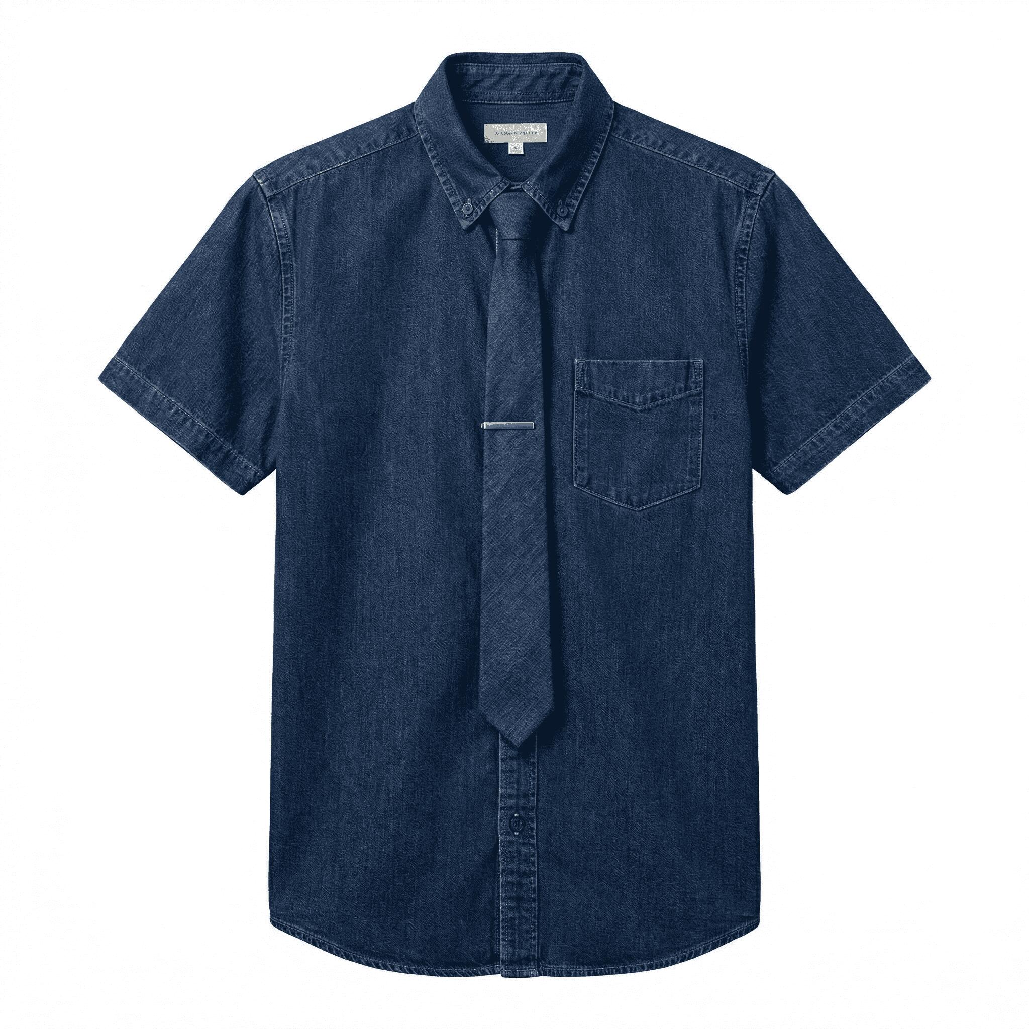【全店通用25％OFFクーポン】デニムシャツ メンズ 半袖 ネクタイセット 制服風 カジュアルシャツ 清潔感 学生 通勤 通学 休日 デート ビッグシルエット 通気性 胸ポケット付き 柔らかい 爽やか おしゃれ 春 夏 男性｜大森麗萱